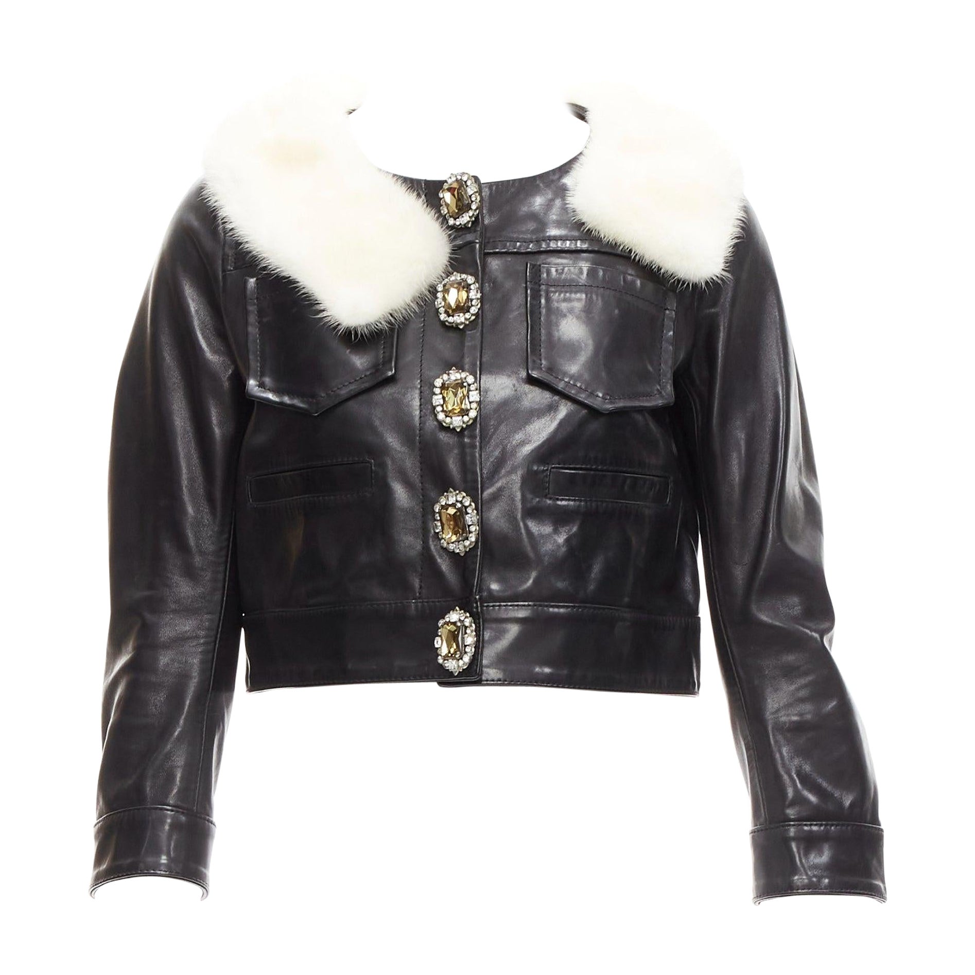 rare DSQUARED2 asymmetric fur collar jewel button cropped leather jacket IT40 S For Sale