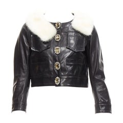 Used rare DSQUARED2 asymmetric fur collar jewel button cropped leather jacket IT40 S