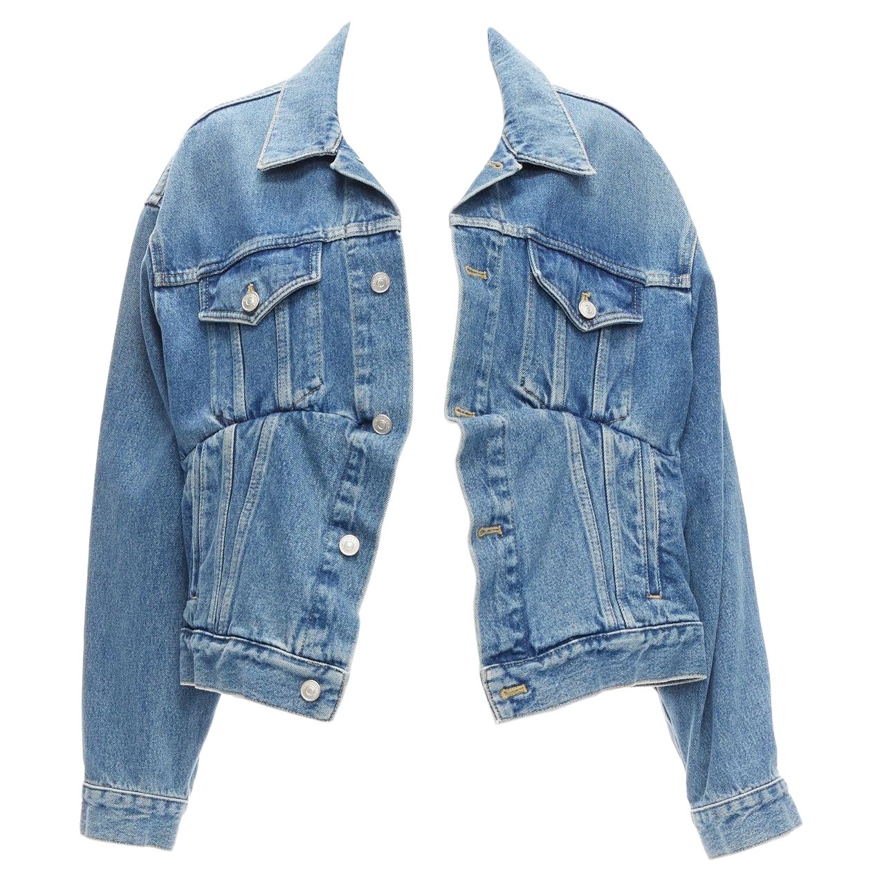 BALENCIAGA 2017 Runway blue denim Swing reconstructed cropped jacket FR36 S For Sale