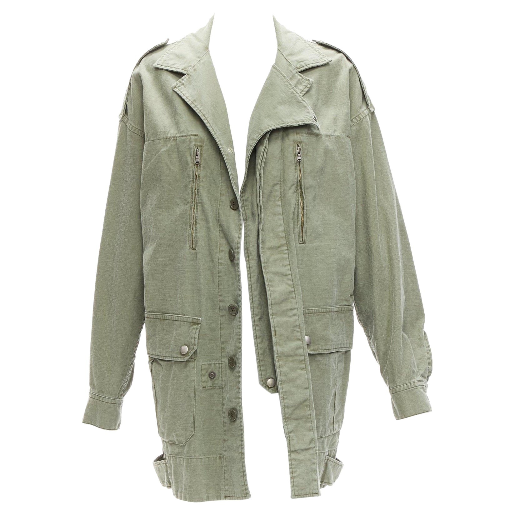 new LIMI FEU washed green cotton zip back pocketed utility parka coat S For Sale