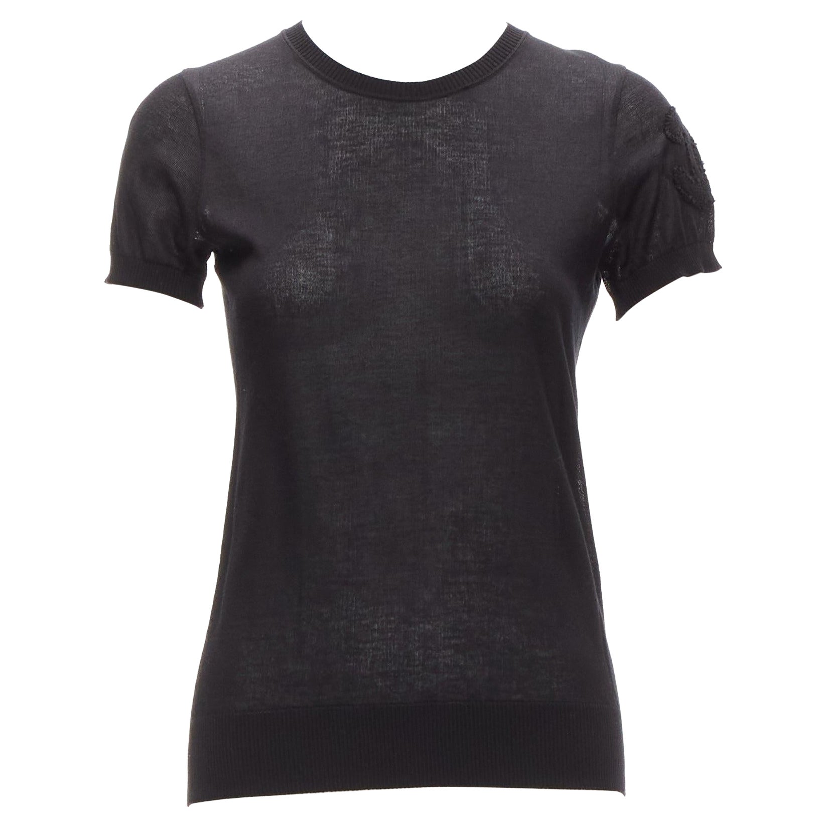 CHANEL black 100% cotton CC logo short sleeve knitted top FR36 S For Sale