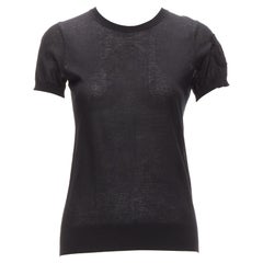 CHANEL black 100% cotton CC logo short sleeve knitted top FR36 S