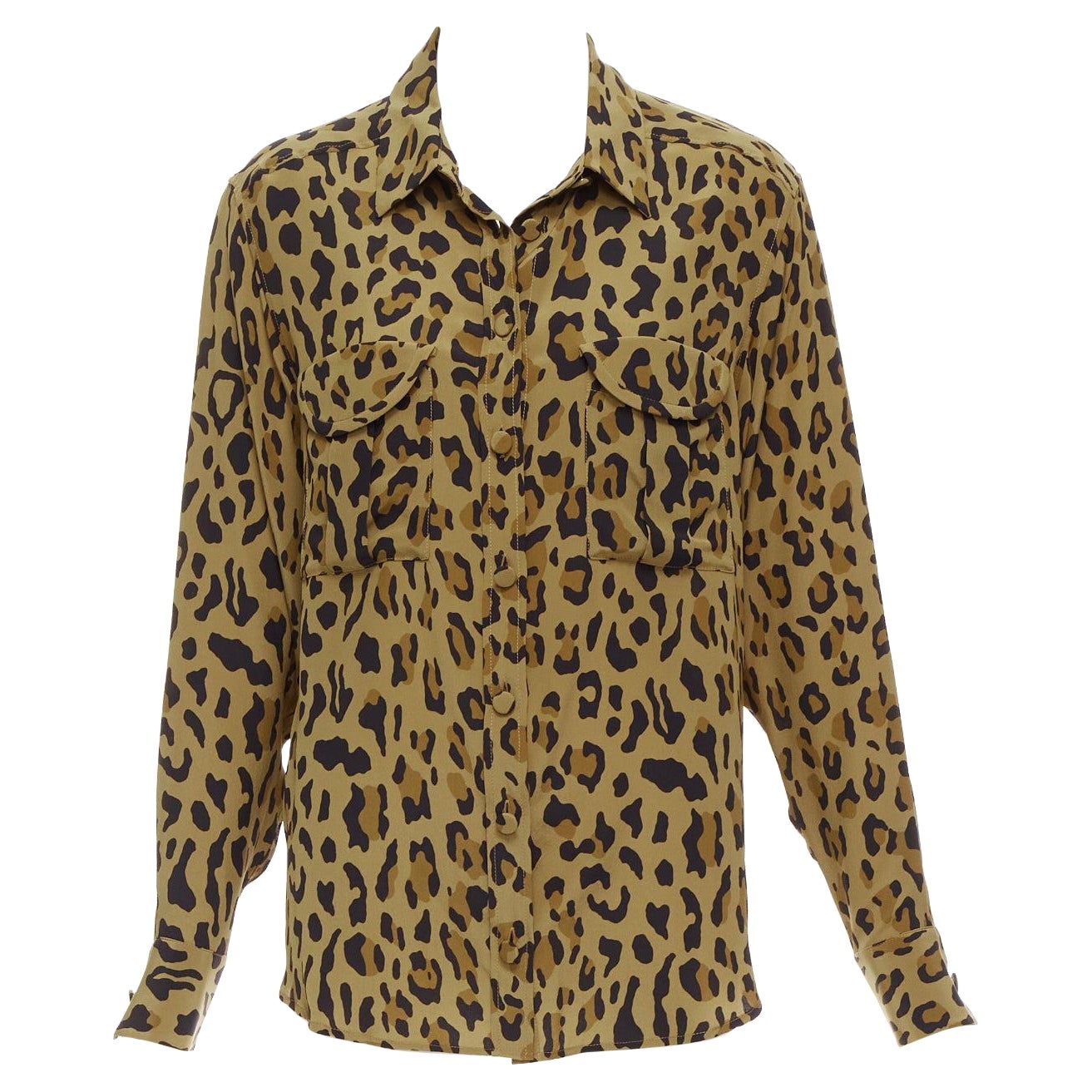 BLAZE MILANO 100% silk brown leopard print wrap button casual shirt Sz.1 S For Sale