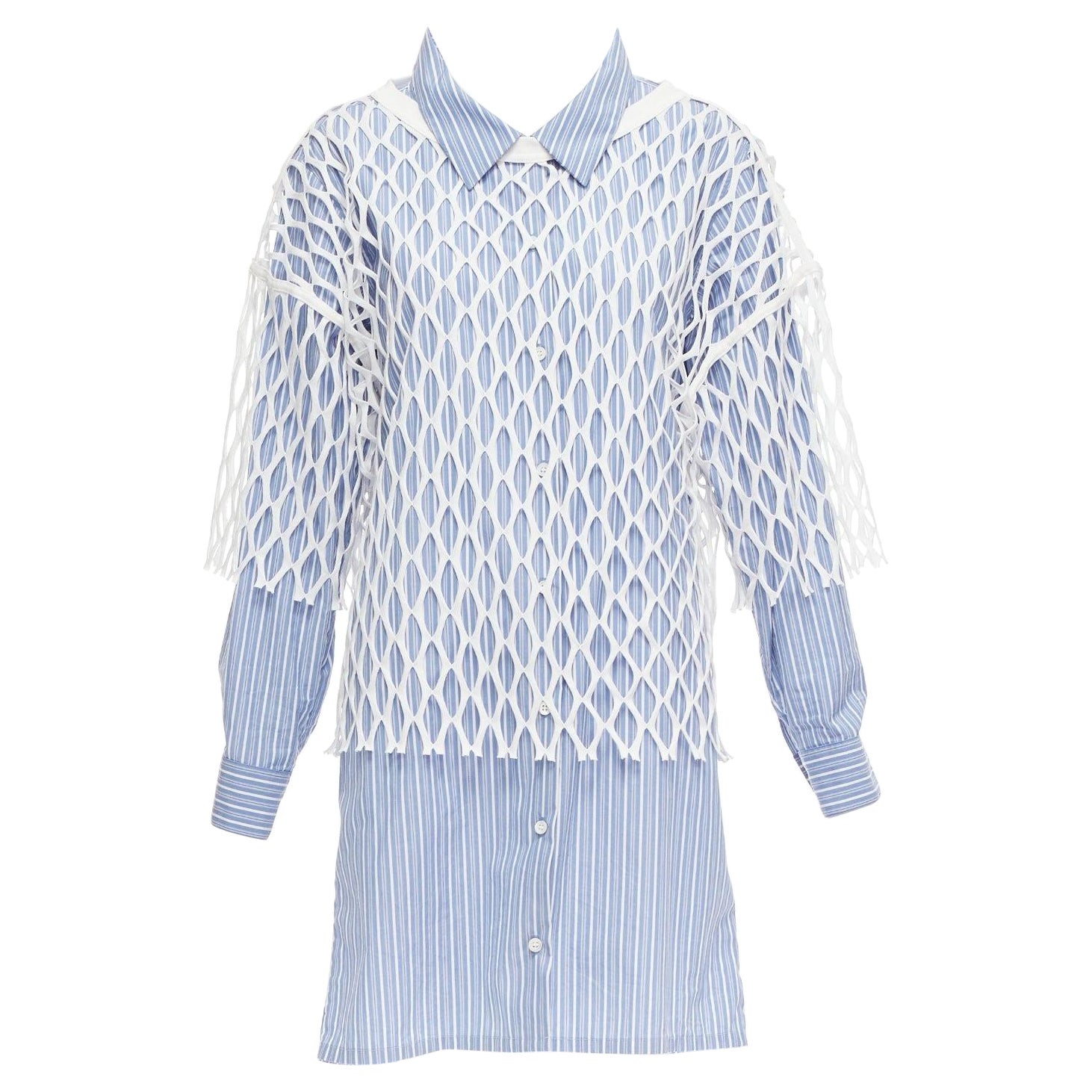 DRIES VAN NOTEN Hemdkleid aus weißer und blauer Baumwolle mit Fischnetzmuster FR34 XS