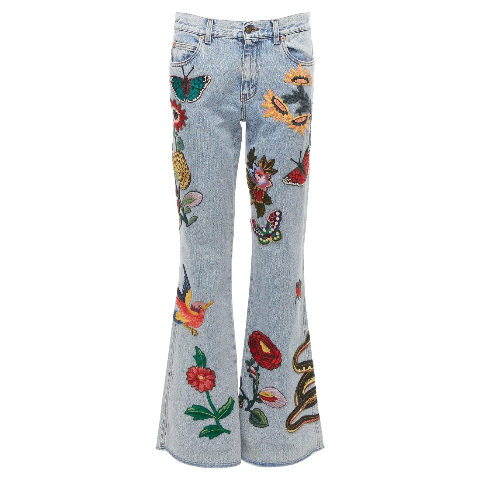 GUCCI Alessandro Michele flower embroidery patch flare hippie jeans 24" For Sale