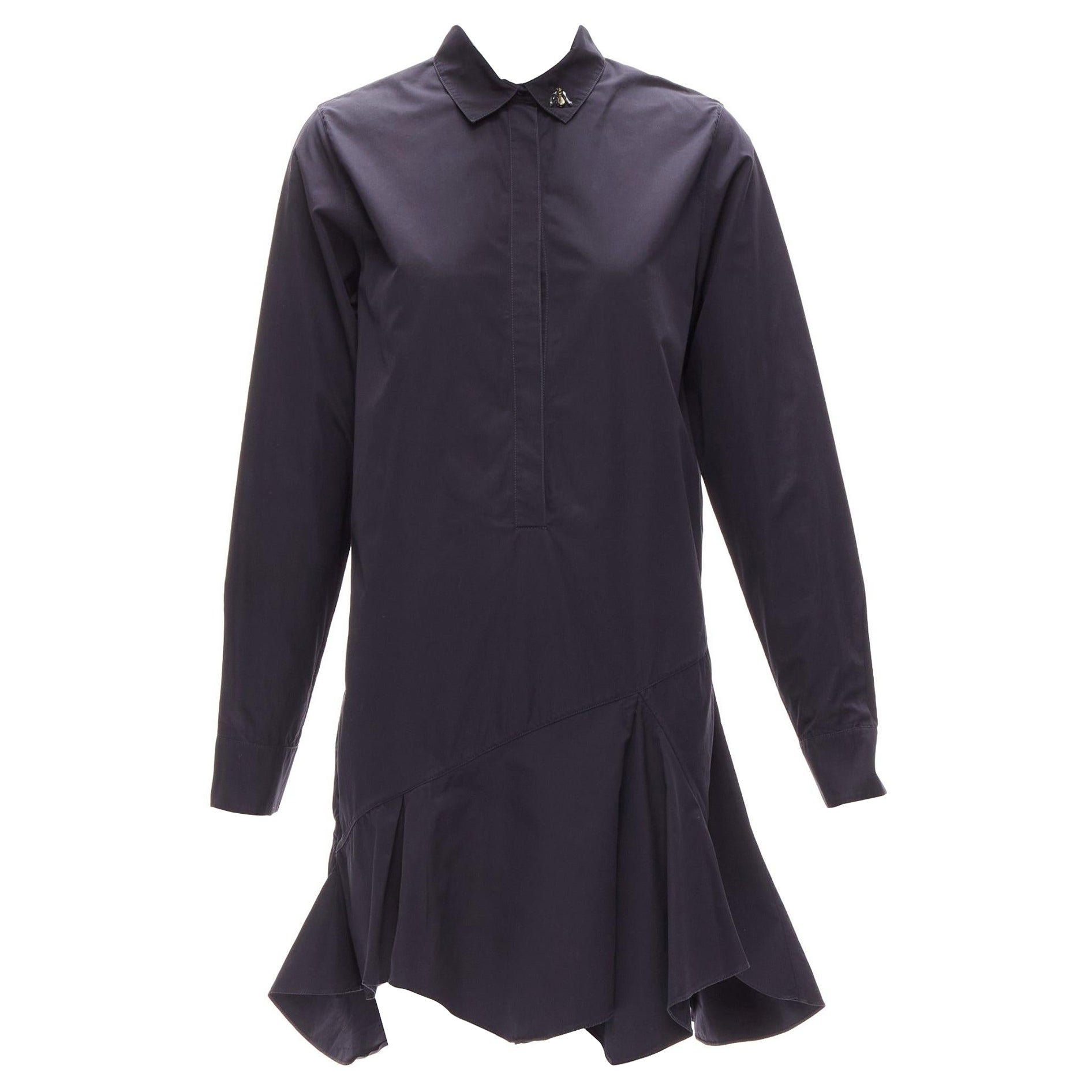 CHRISTIAN DIOR black bee crystal embellished collar ruffle hem shirt dress S For Sale