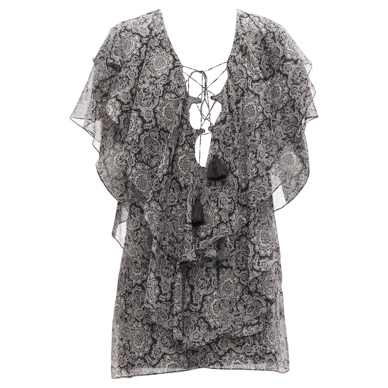 new SAINT LAURENT 2018 grey black 100% silk paisley gypsy dress FR38 M For Sale