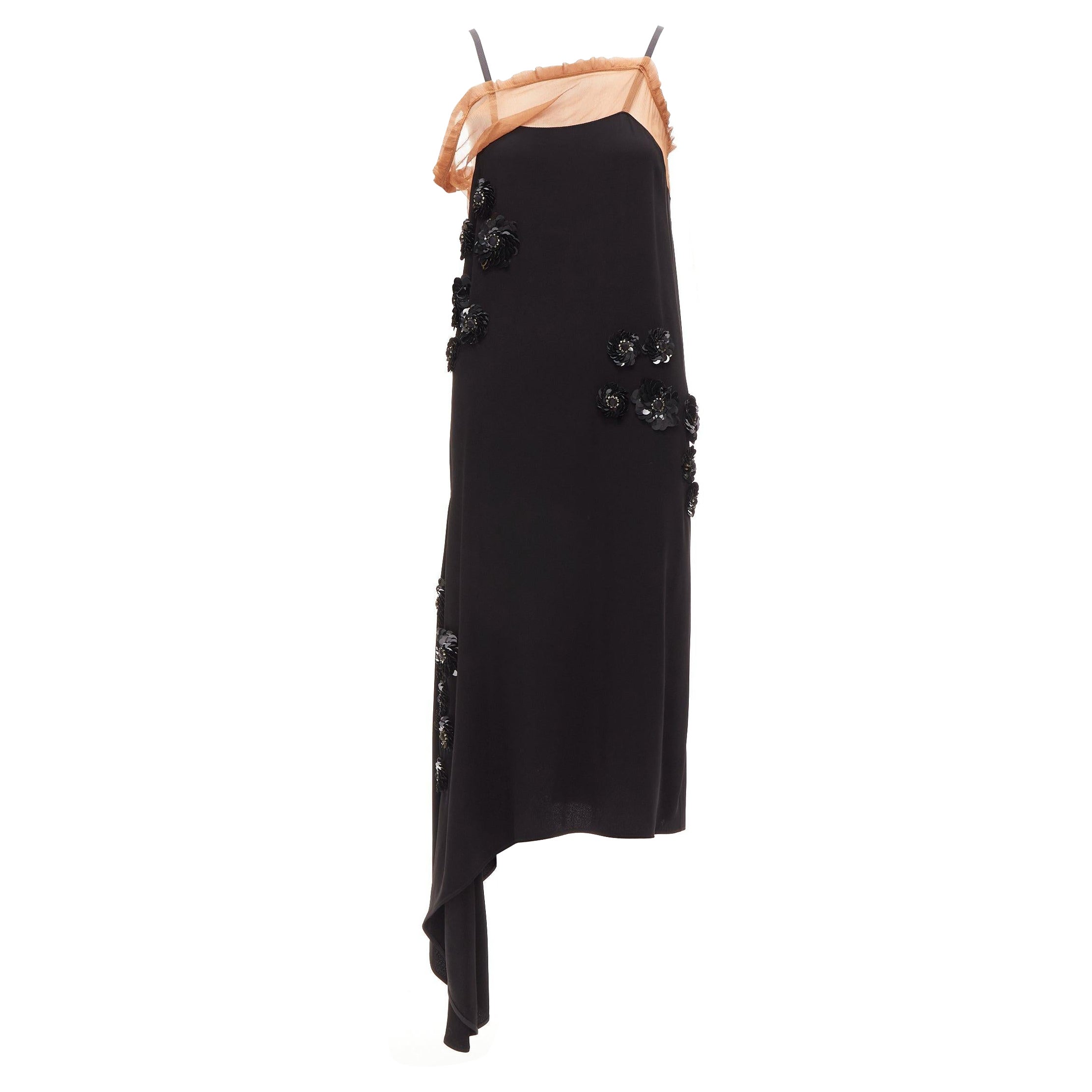 MARNI black floral sequins embellishment nude ruffle slip dress IT38 XS For Sale