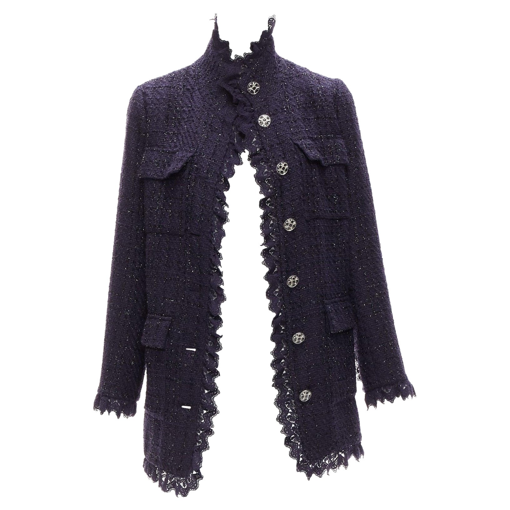 MOISELLE navy blue metallic tweed ruffle trim  4 pocket long jacket coat FR38 M For Sale