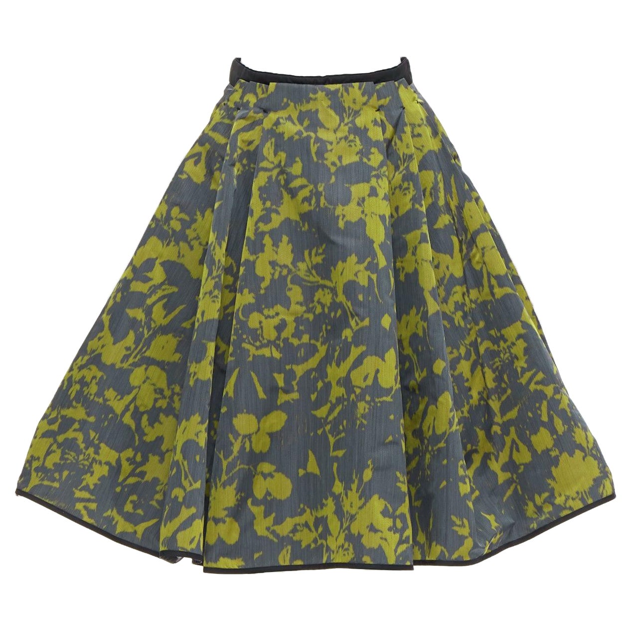 LOUIS VUITTON green floral jacquard velvet trim LV zip flared skirt For Sale