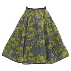 LOUIS VUITTON green floral jacquard velvet trim LV zip flared skirt