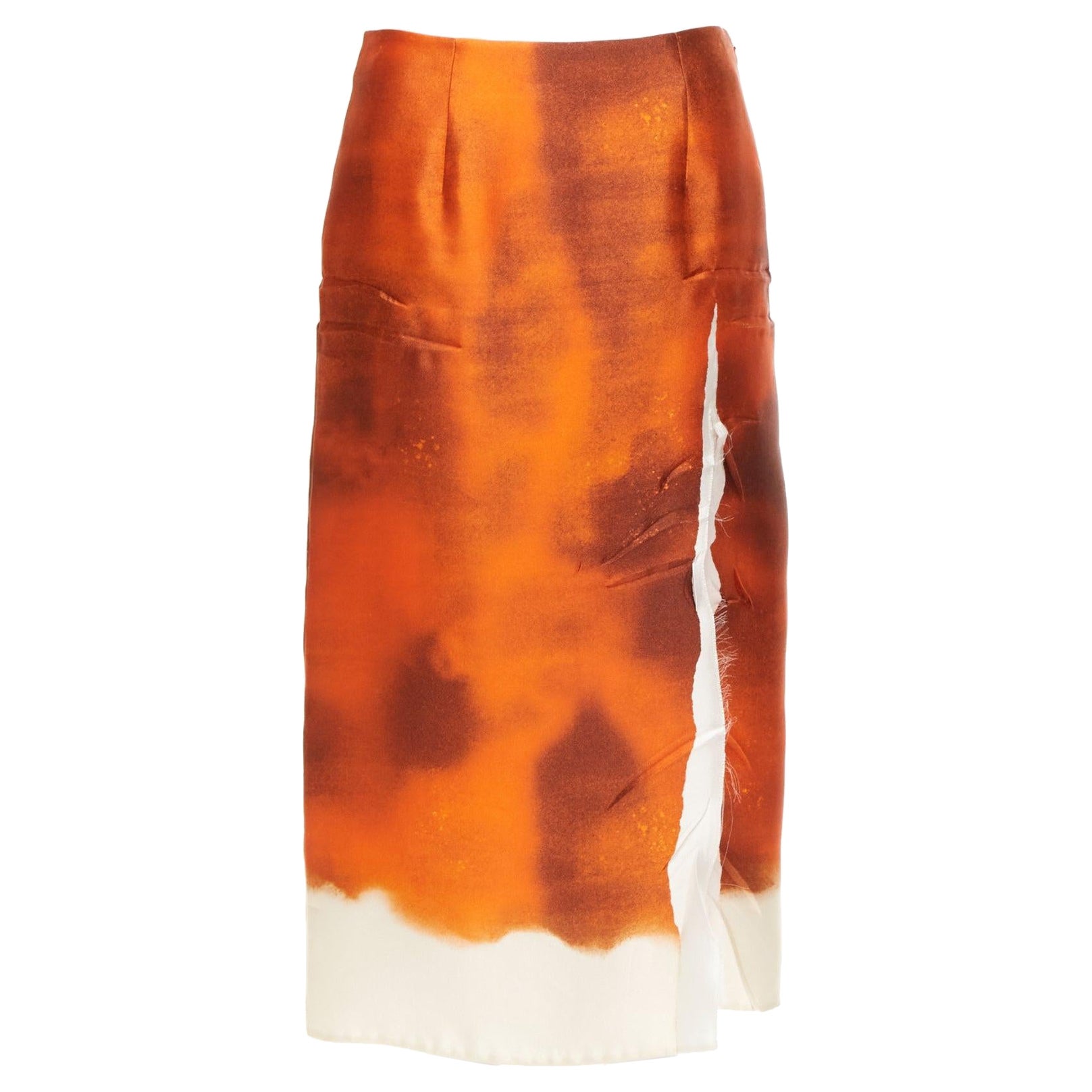 PRADA 2023 orange water dyed side slit crinkled silk blend skirt IT38 XS