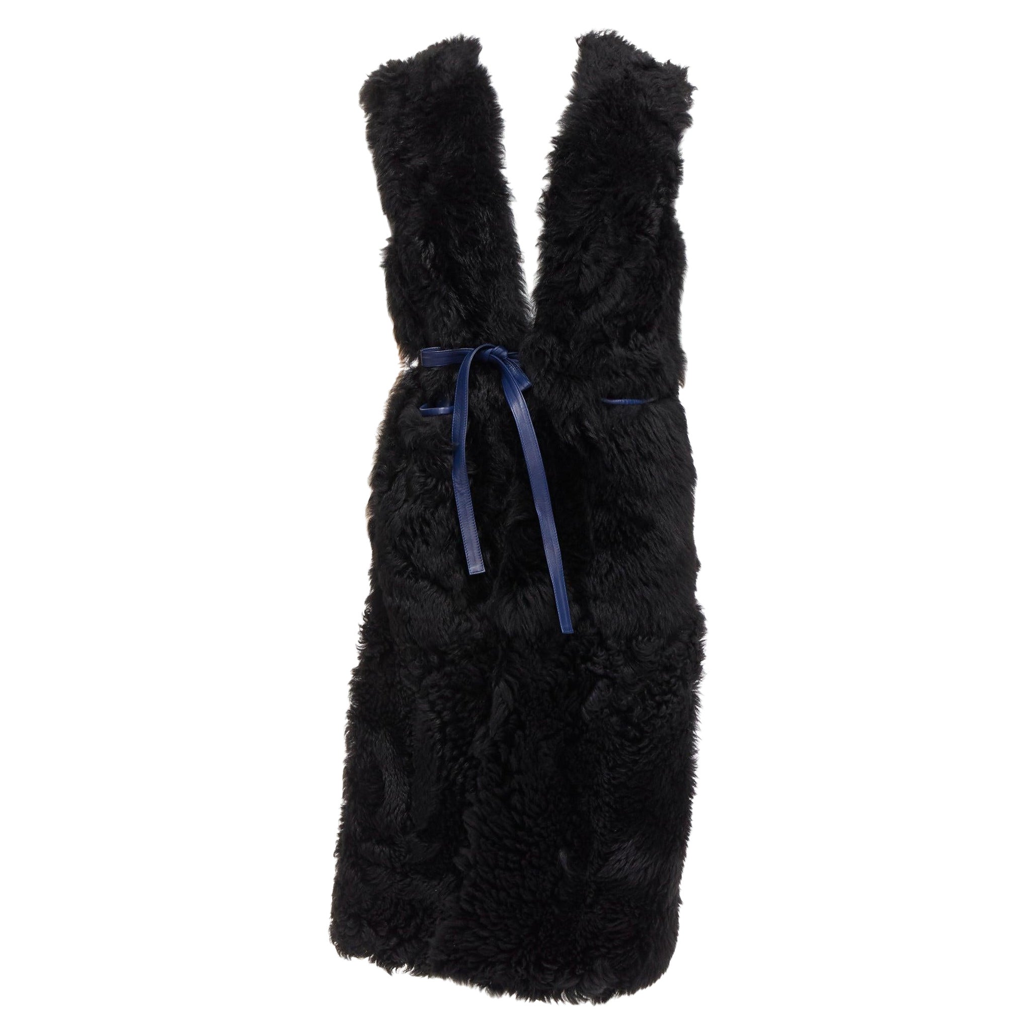 MARNI black lamb shearling fur blue leather belted belt IT38 XS For Sale