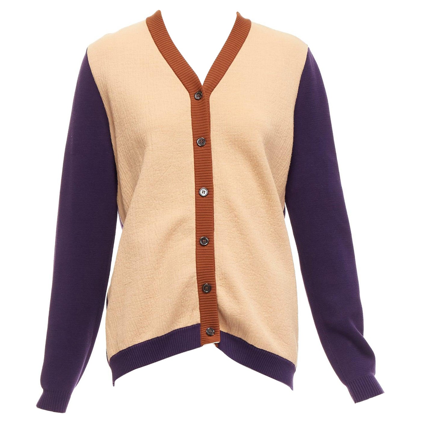 MARNI beige purple colorblocked mixed material cardigan sweater IT40 S For Sale