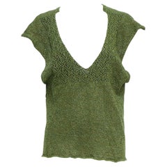 DRIES VAN NOTEN green linen blend lurex open collar knitted top S