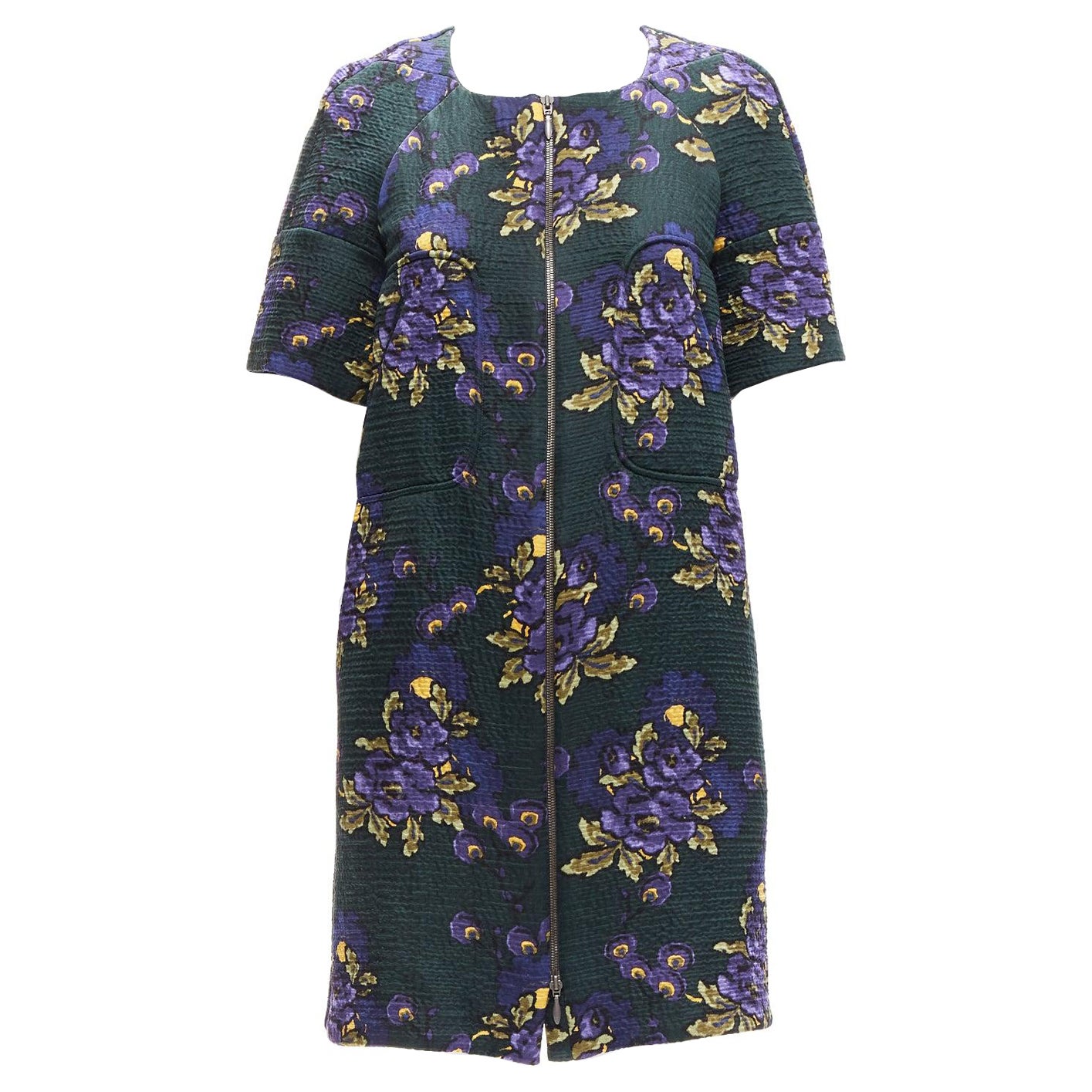 MARNI green purple wool silk cloque floral print zip coat dress IT38 XS For Sale