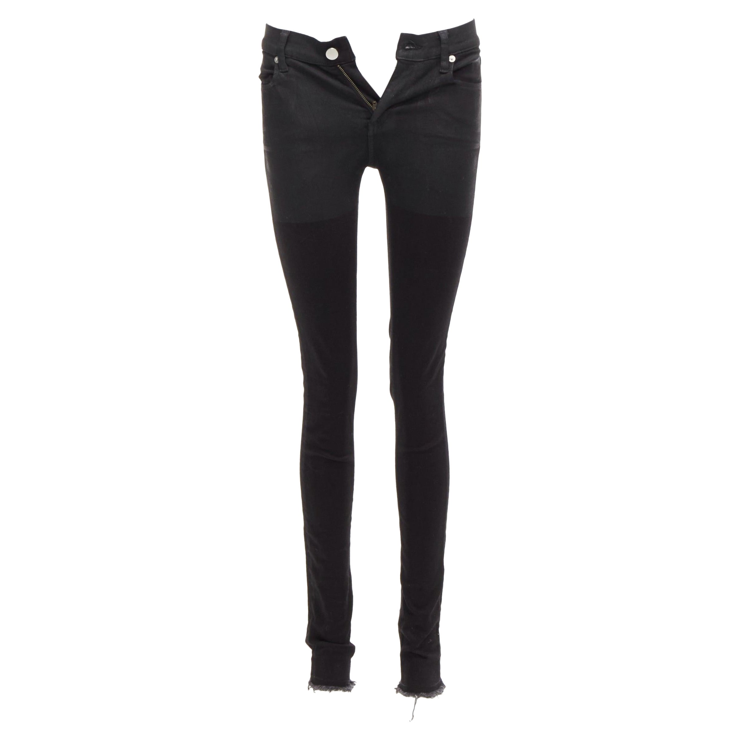 ALYX 2016 black coated cotton blend back zip fray edge skinny jeans 26" For Sale
