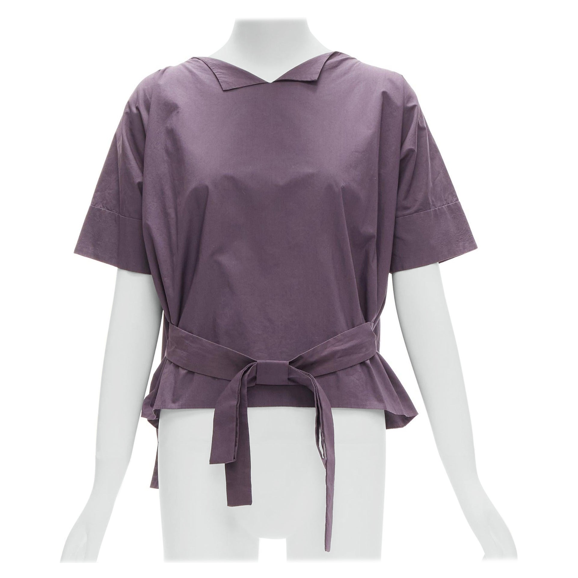 MARNI 100% cotton purple V collar bow belt boxy top IT38 XS For Sale