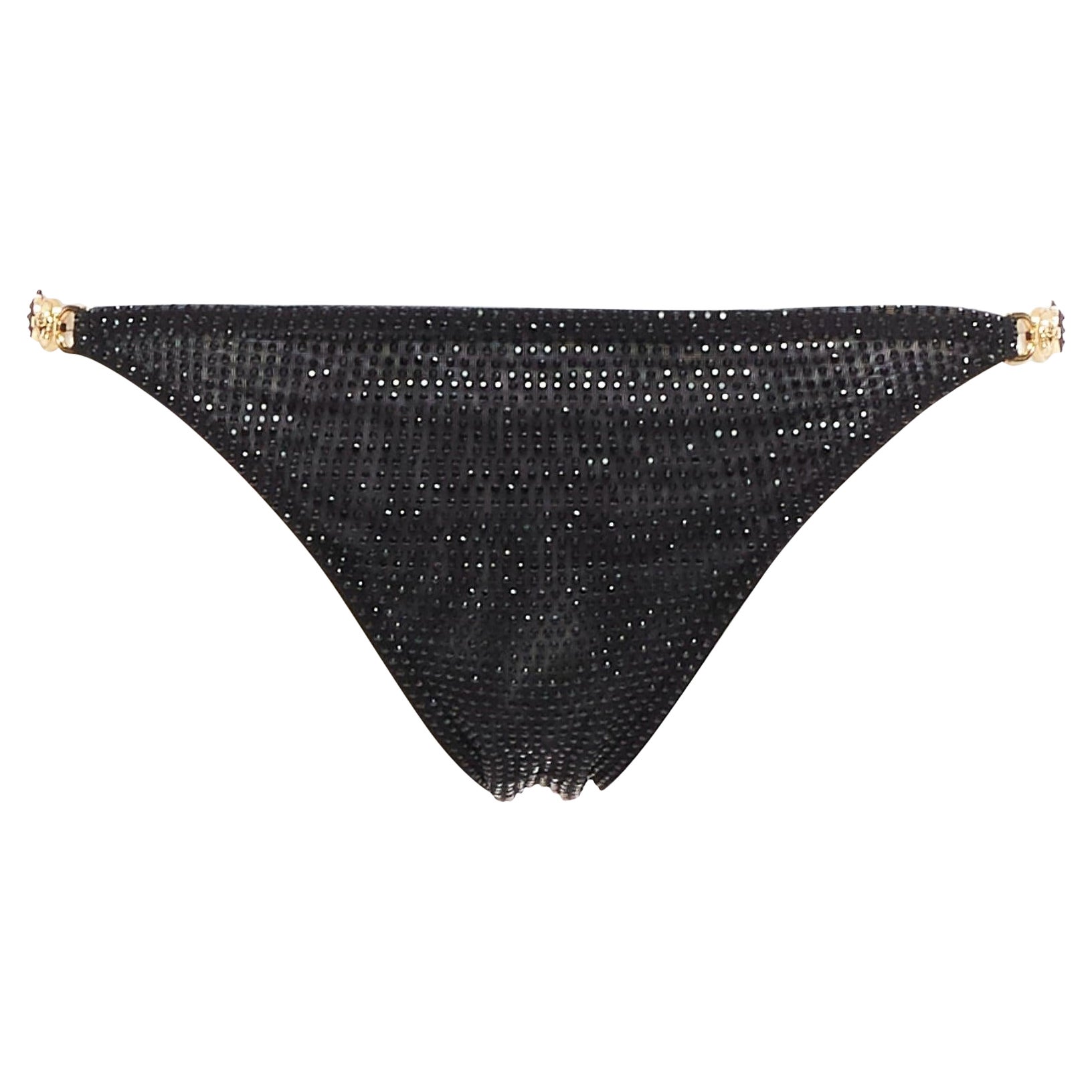 VERSACE 2019 black crystal embellished gold Medusa sheer bikini bottom Sz.1 S For Sale