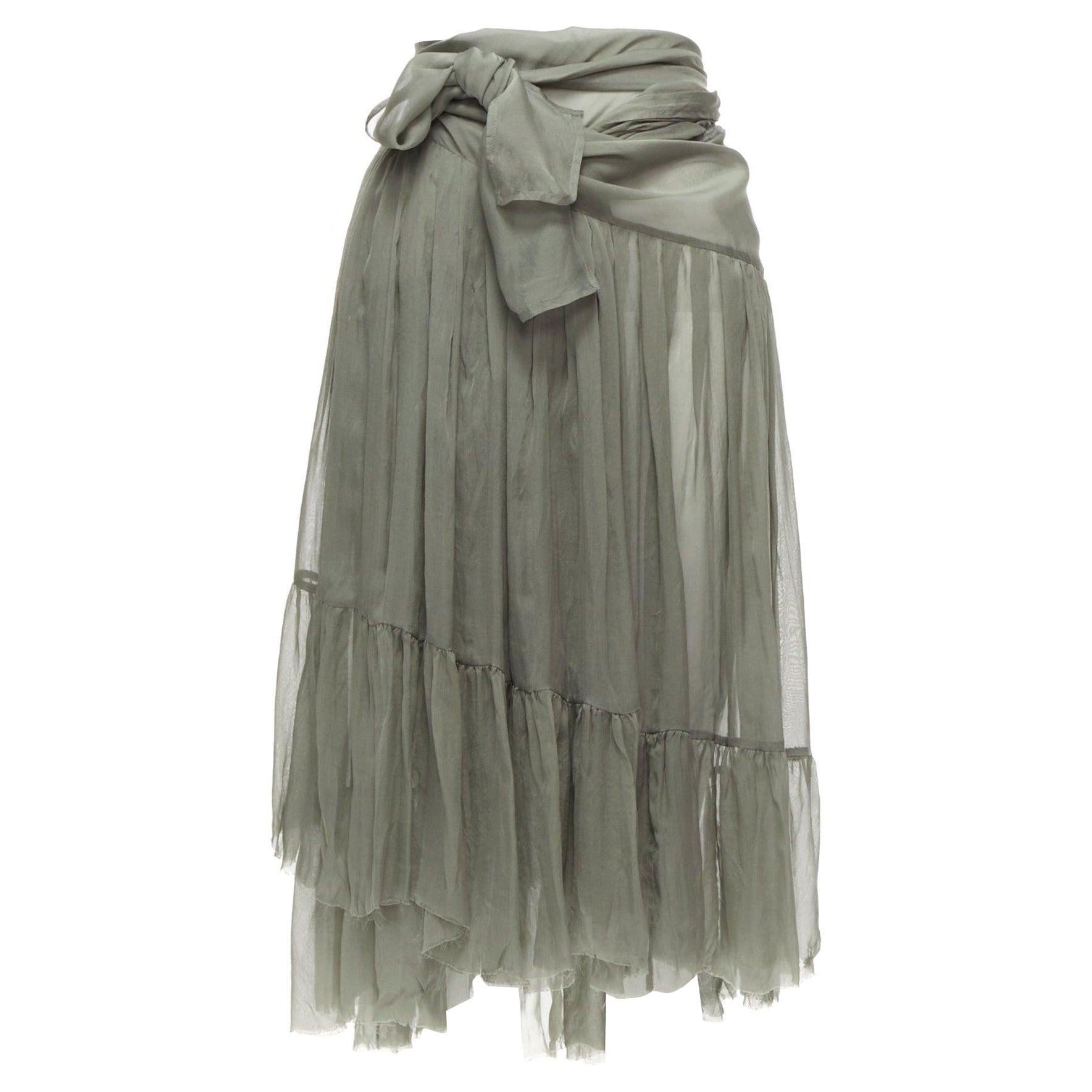 DRIES VAN NOTEN 100% silk military green sheer wrap tie skirt FR38 M For Sale