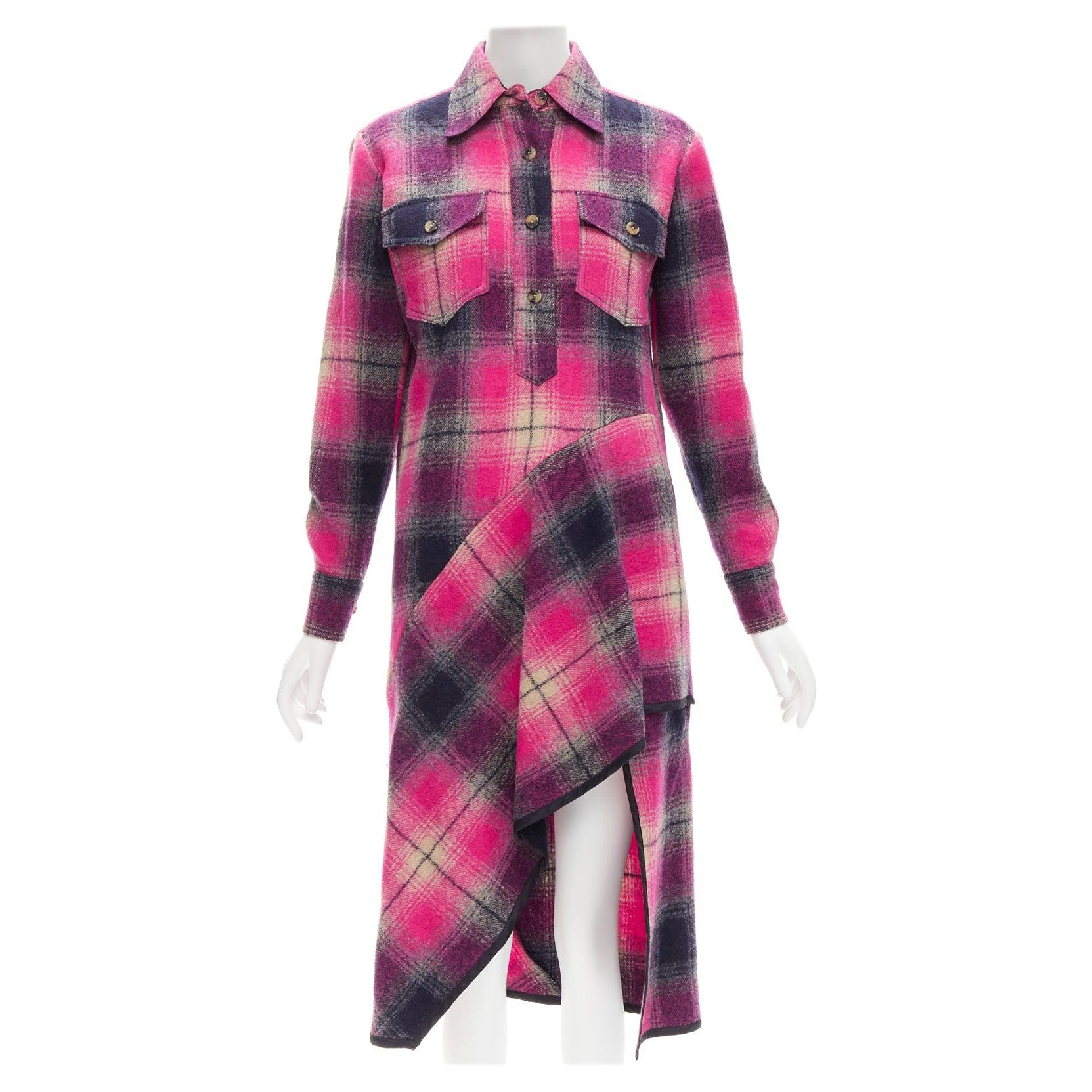 DRIES VAN NOTEN 100% wool black pink plaid bias splice hem dress FR34 XS For Sale
