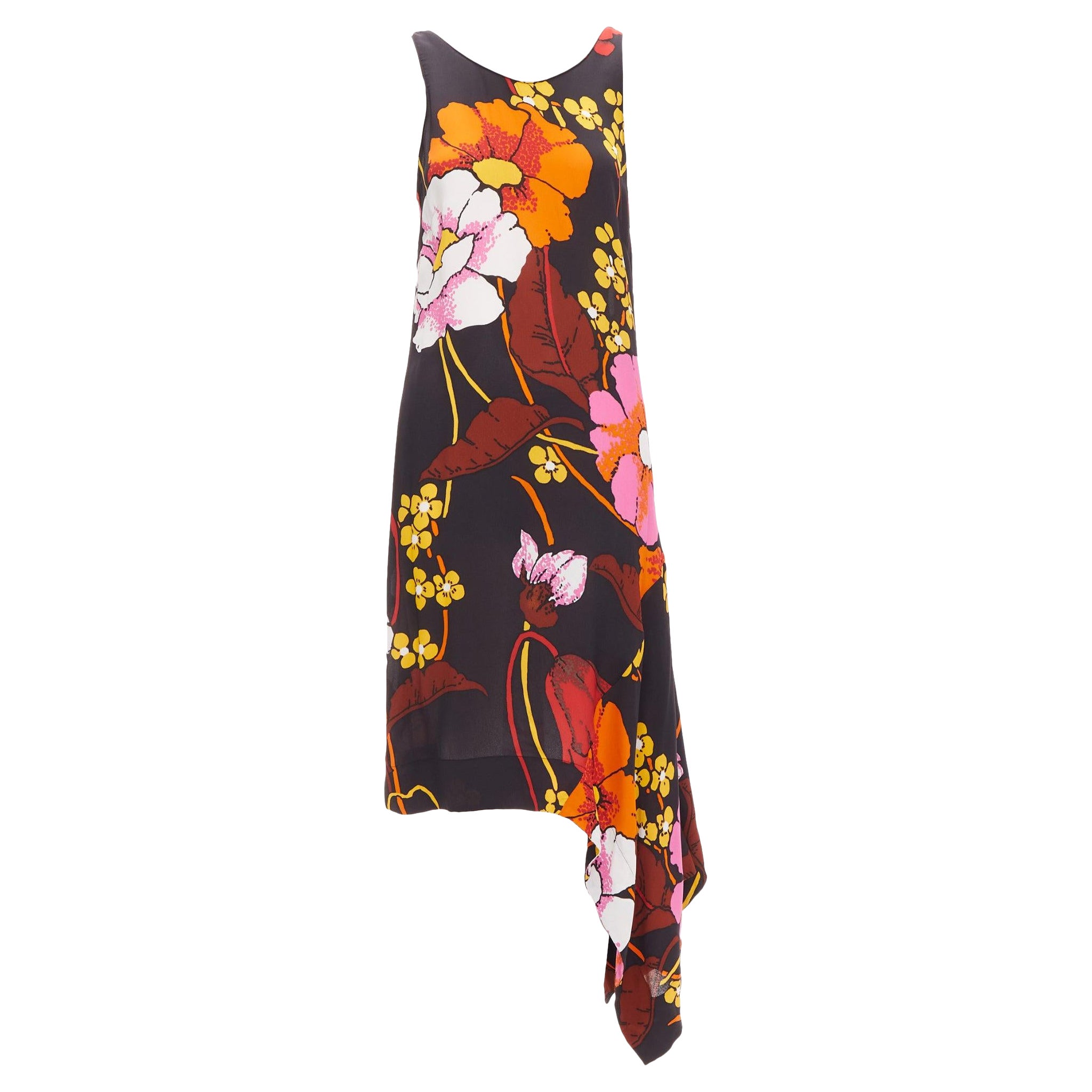 MARNI Schwarzes ärmelloses Kleid mit drapiertem Taschentuchsaum und Blumendruck IT42 M