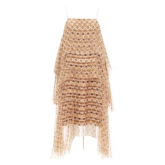 DRIES VAN NOTEN beige 100% silk pixel print tiered striped cocktail dress FR38 M