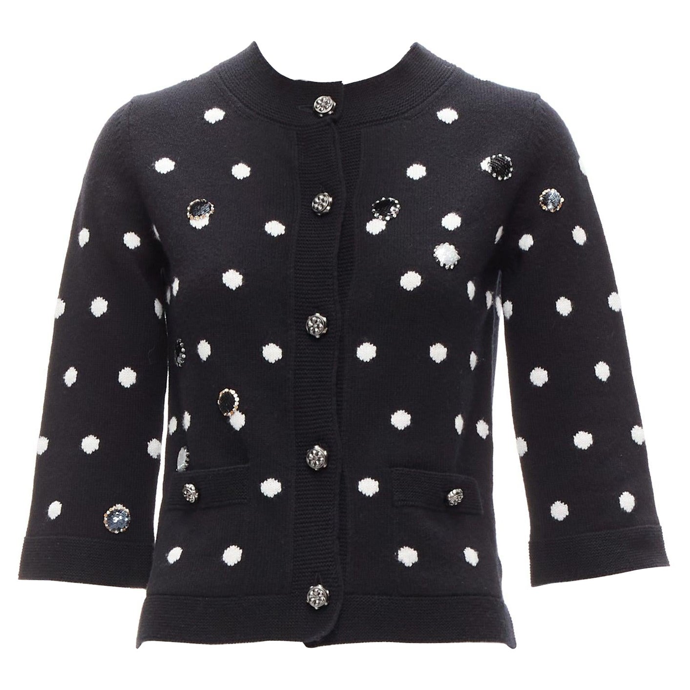CHANEL 08A 100% cashmere silver embellished black polka dot cardigan FR34 XS For Sale