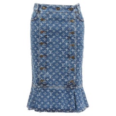 LOUIS VUITTON 2007 blue denim LV monogram sailor button skirt FR36 S