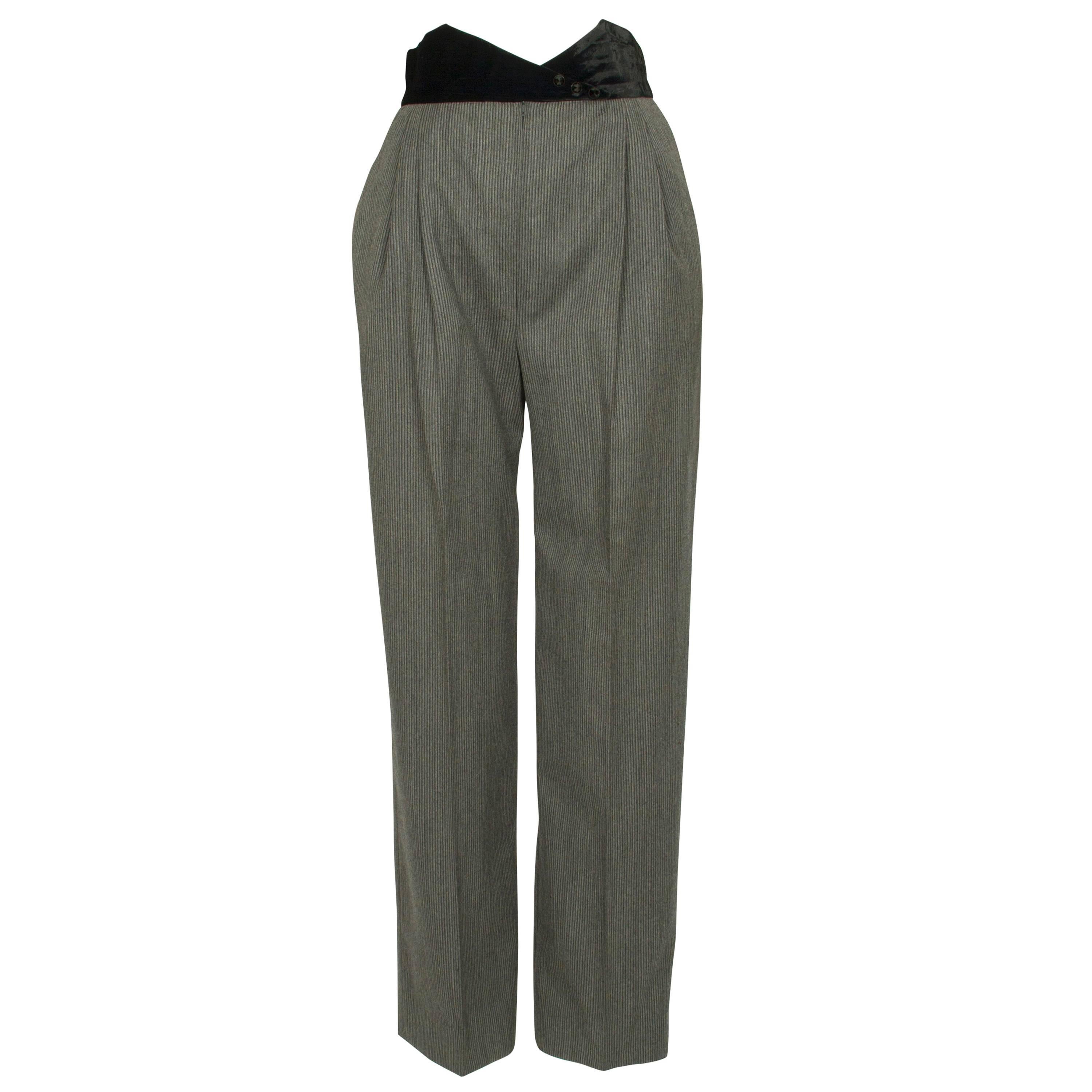 1980s Wool Pinstripe Tapered Trousers with Velvet Waistband For Sale