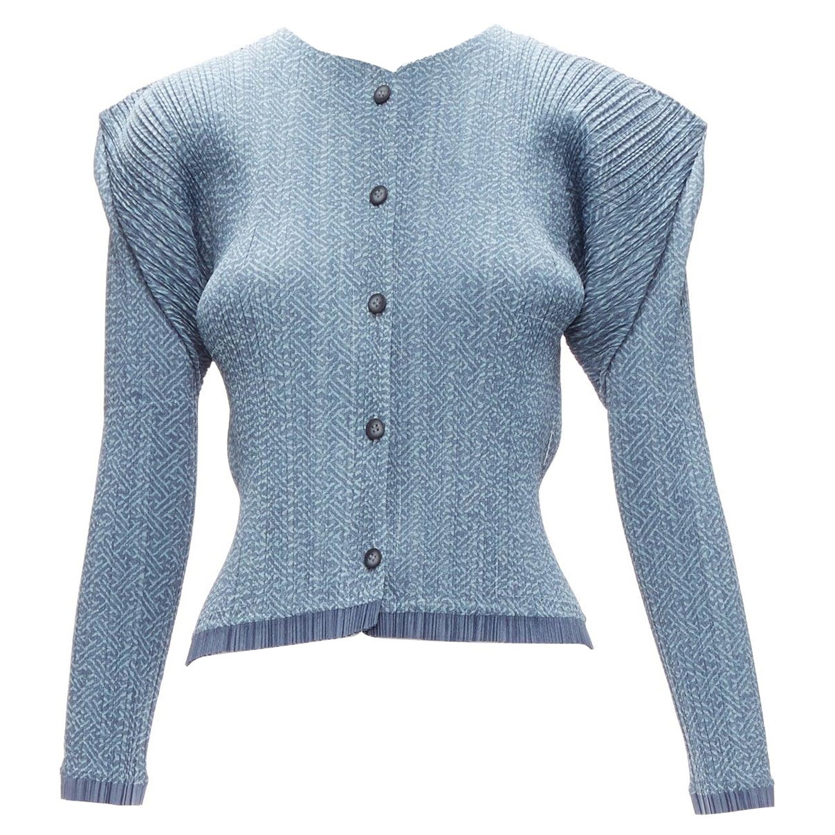 ISSEY MIYAKE PLEATS PLEASE blue maze print plisse angular shoulder jacket JP3 L For Sale
