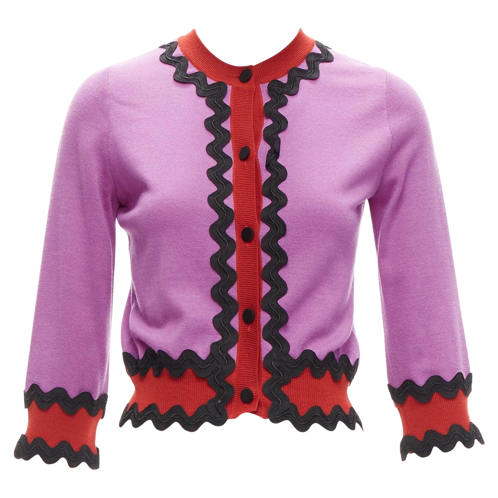 GUCCI 100% wool purple red black wavy trims cropped cardigan S For Sale