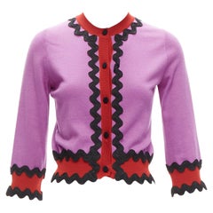 Gucci 100% laine violet rouge noir bordures ondulées cardigan cropped S