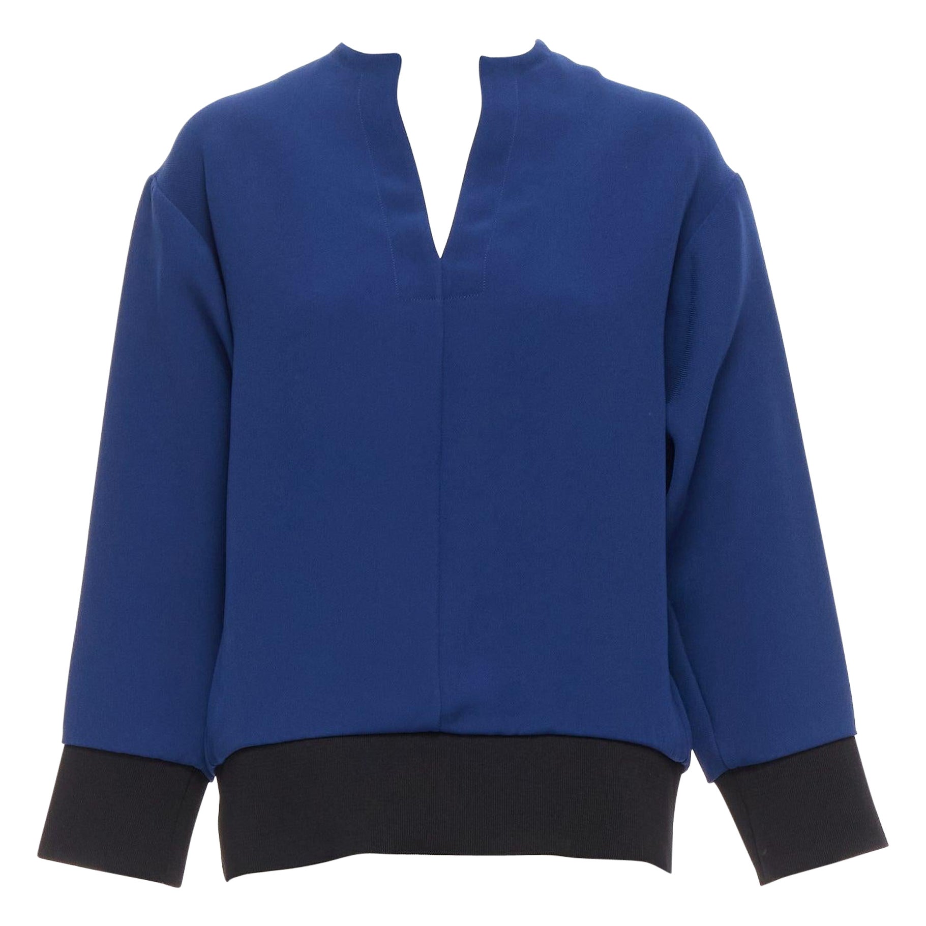 MARNI blue V neck contrast ribbing long sleeve boxy cocoon top IT36 XS For Sale
