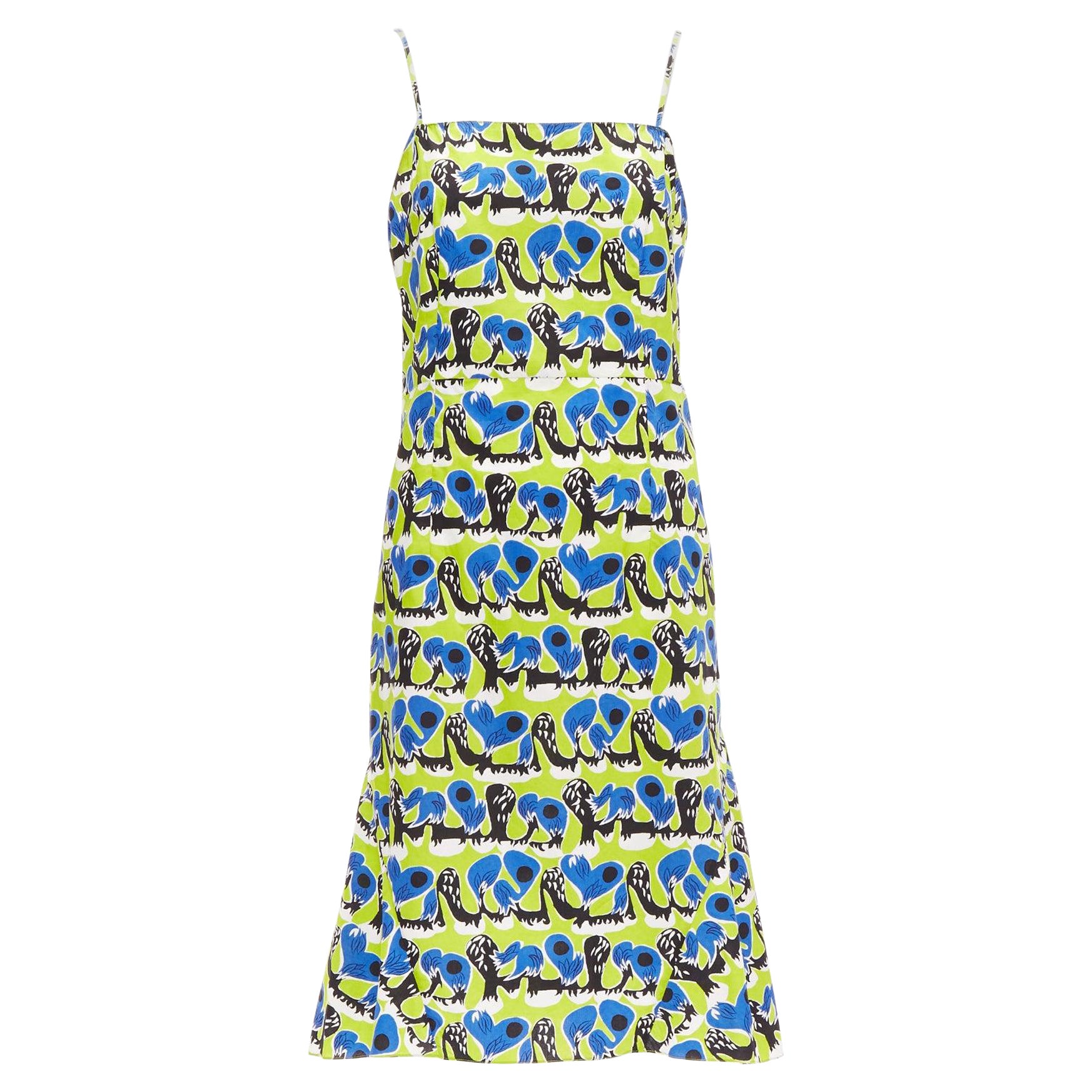 MARNI green blue geometric print cotton kick flared summer dress IT42 M For Sale