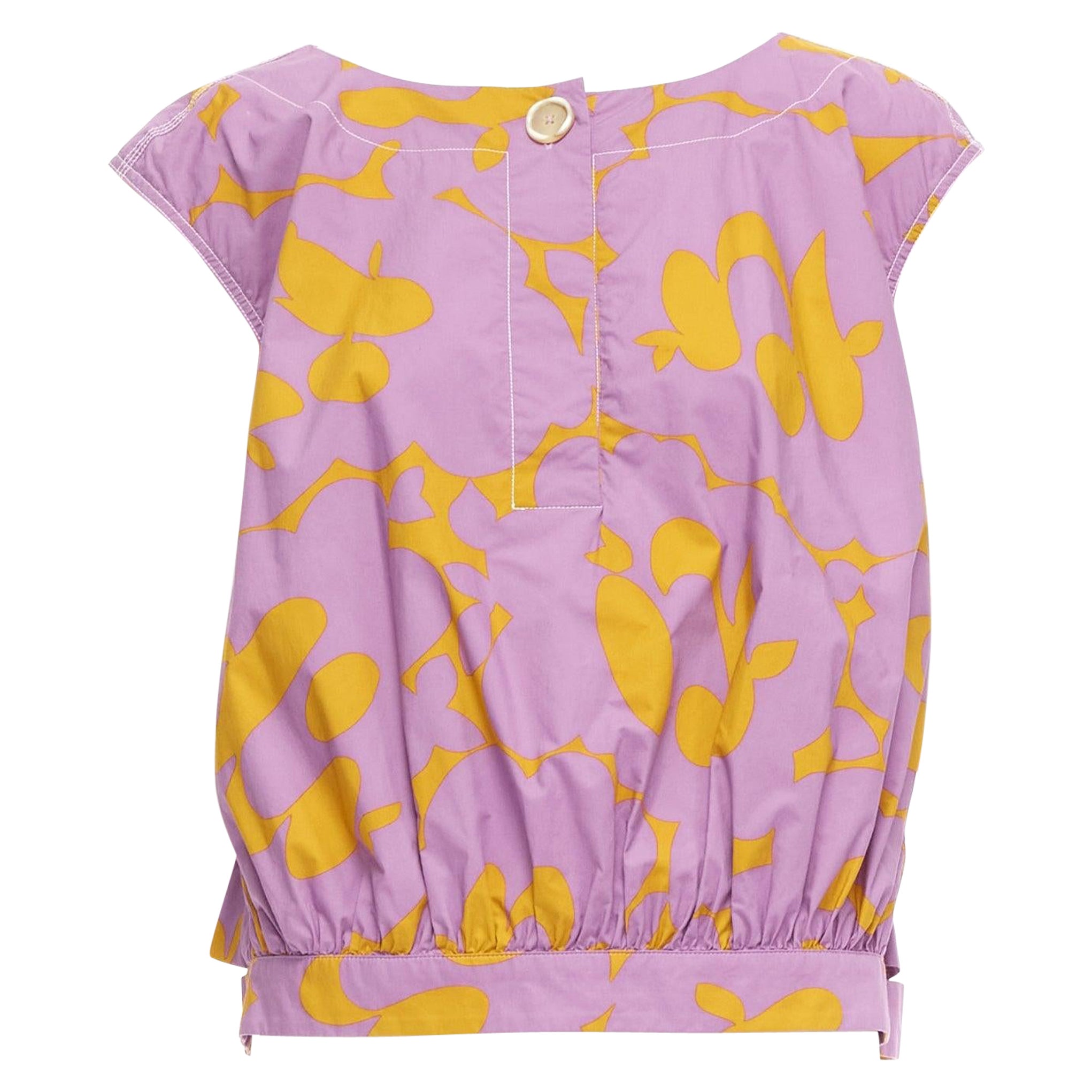 MARNI 100% cotton purple mustard abstract floral overstitched boxy vest IT38 XS For Sale