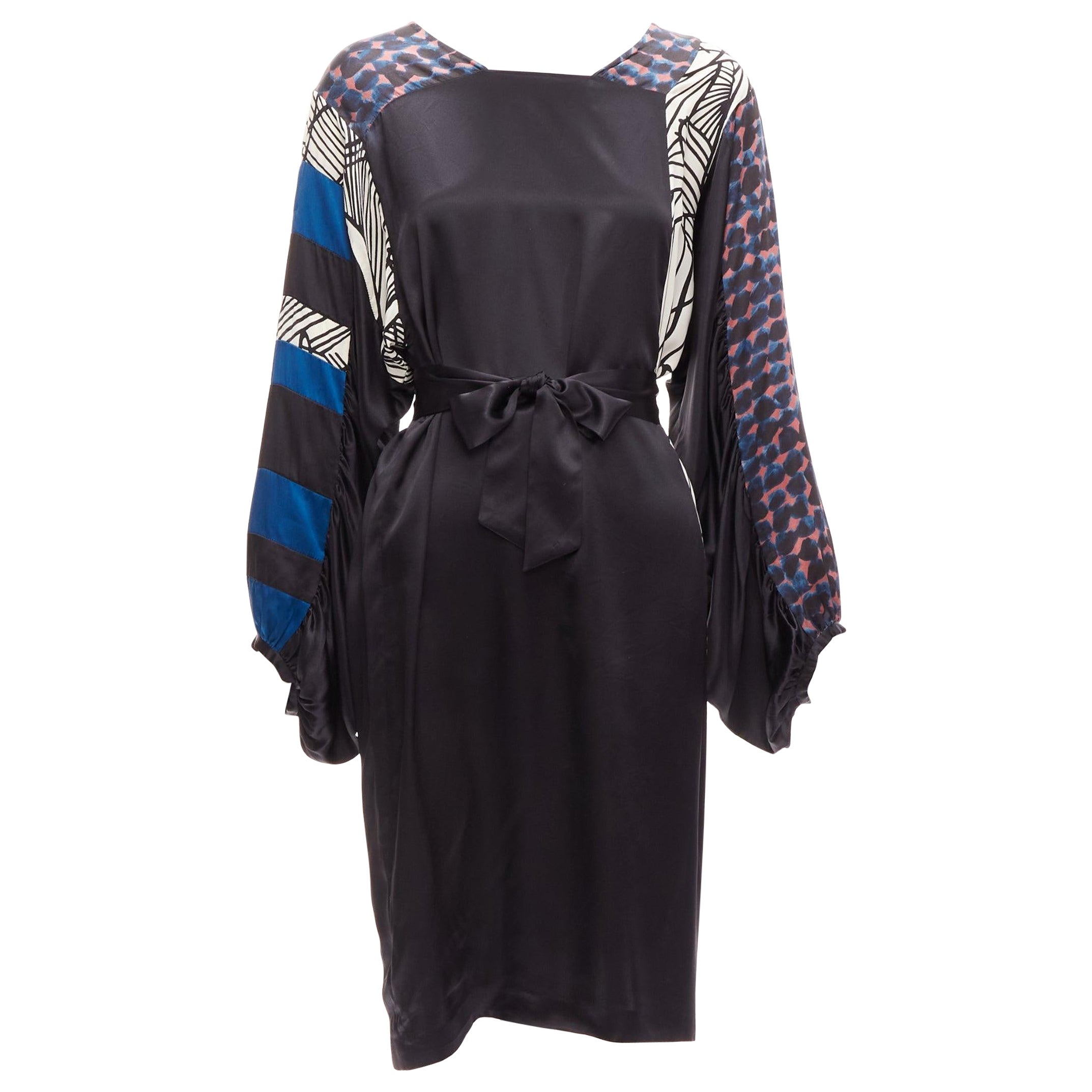 DRIES VAN NOTEN 100% silk black mixed print belted billow knee dress FR36 S For Sale