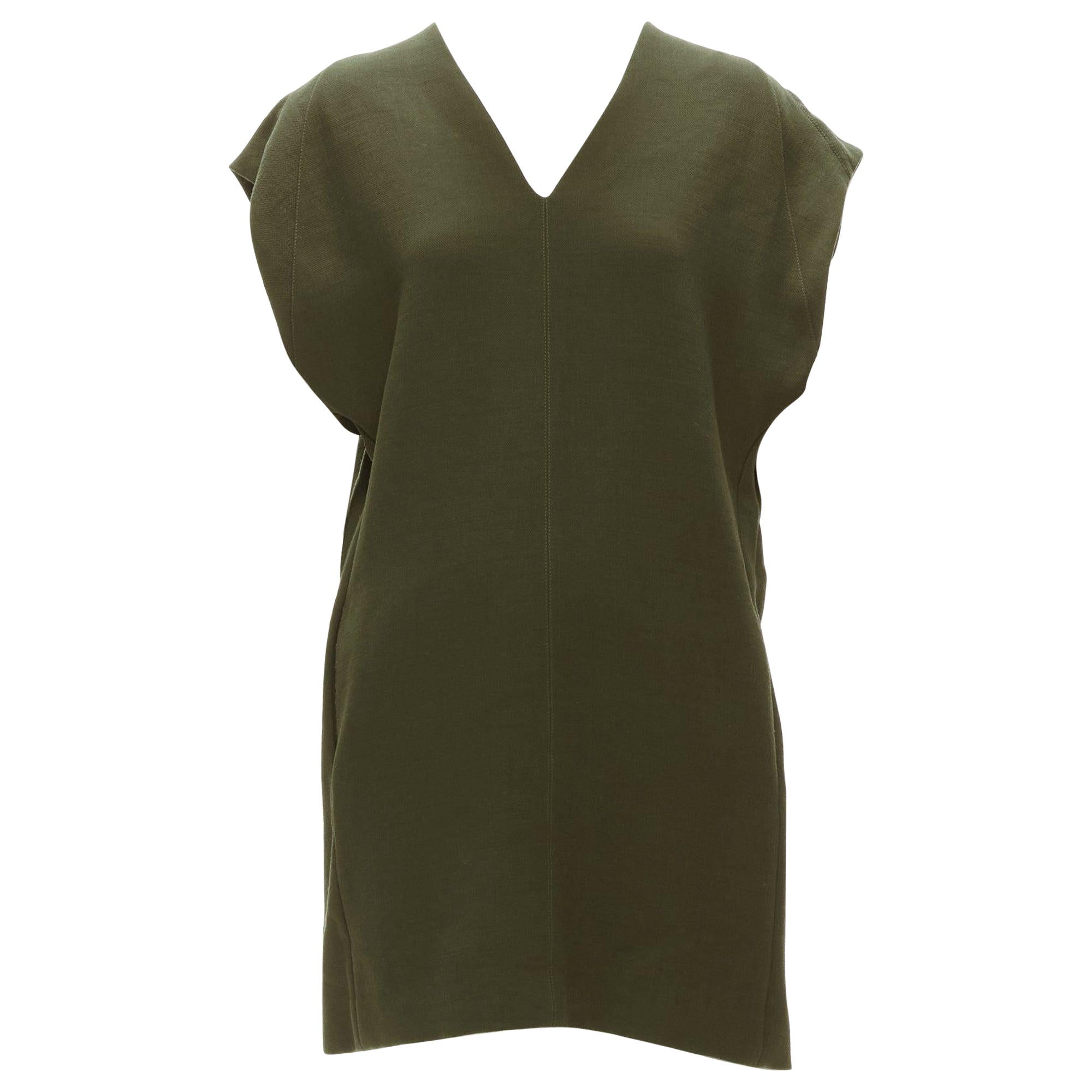 MARNI 100% virgin wool olive silk lined V neck boxy mini dress IT40 S For Sale