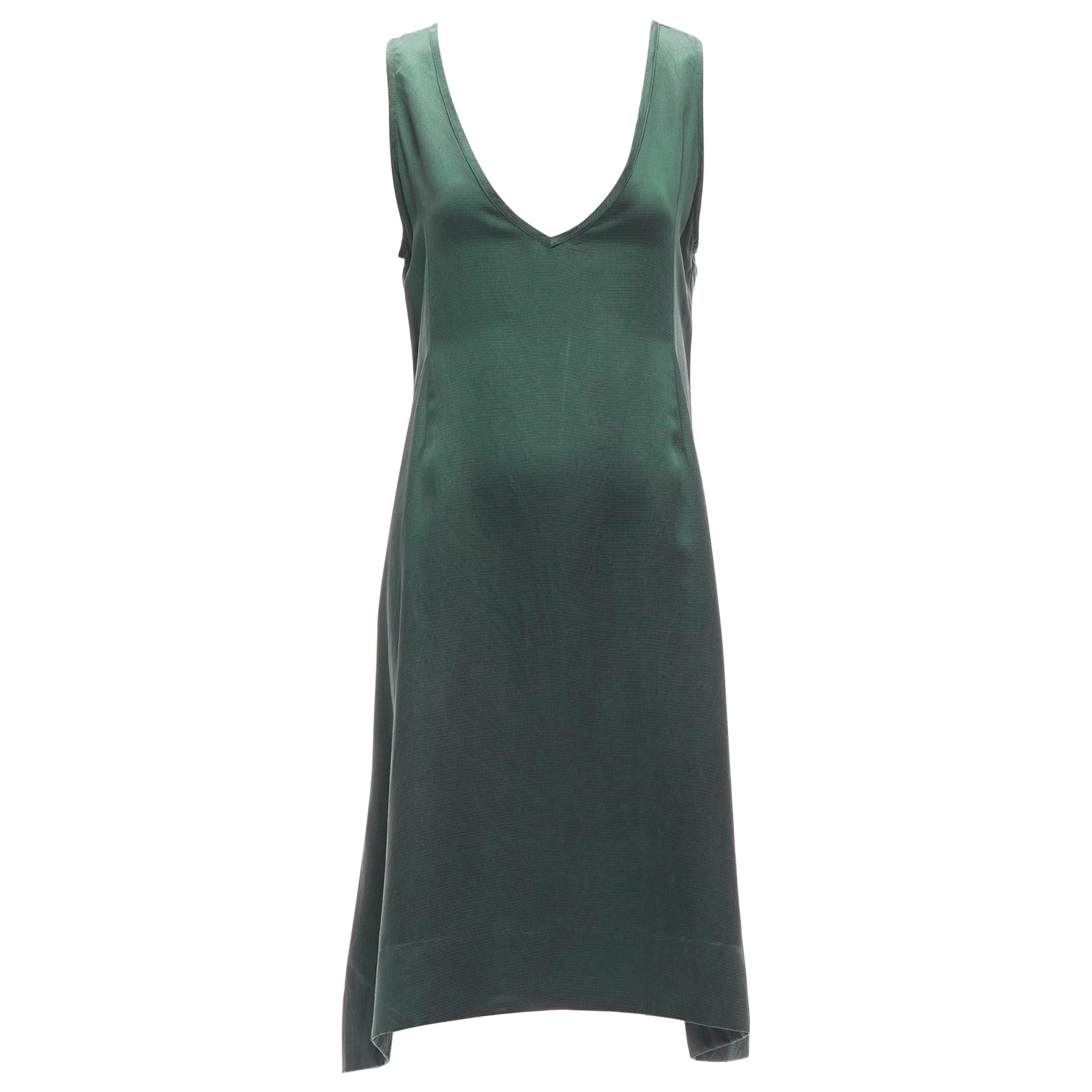 DRIES VAN NOTEN 100% silk dark green plunge neck sleeveless trapeze dress S For Sale