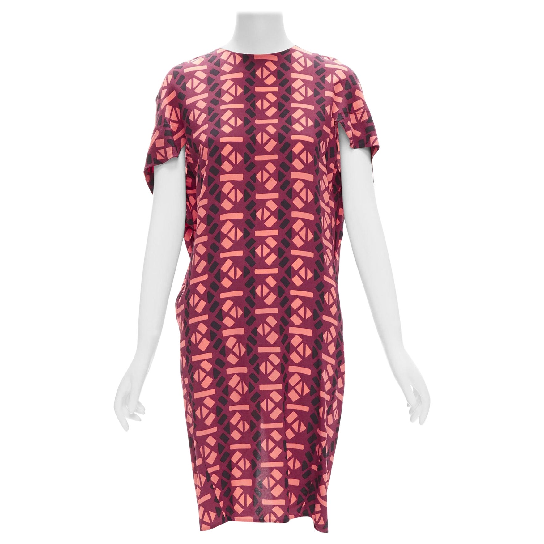 MARNI 100% silk burgundy pink geometric print cap sleeves dress IT36 XS For Sale