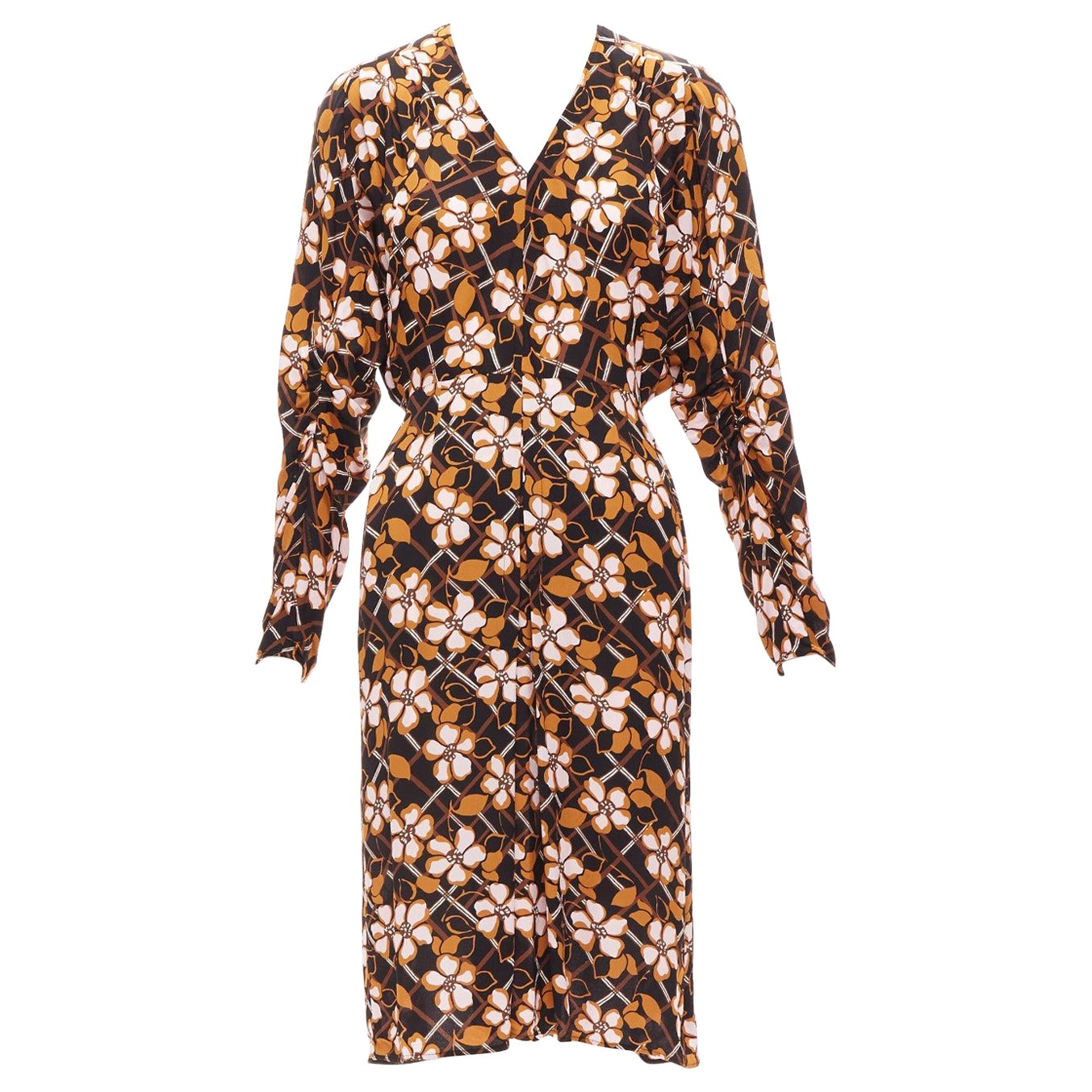 MARNI pink brown geometric flower print panelled sleeves V neck dress IT38 XS For Sale