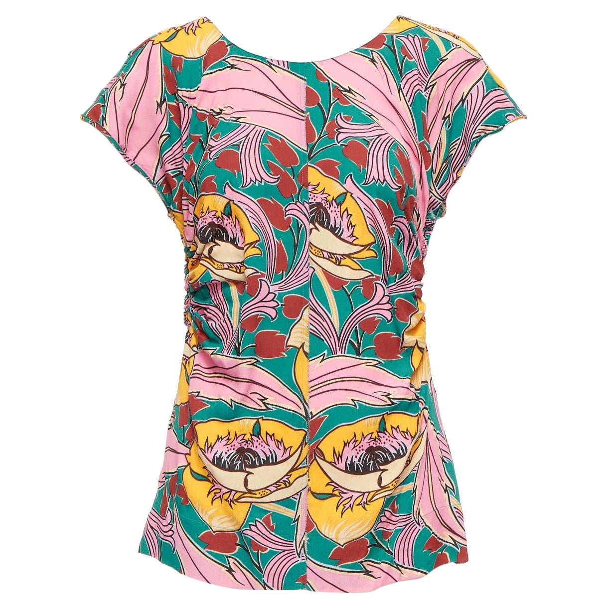 MARNI pink green floral illustration print gathered side cap sleeve top IT38 XS For Sale