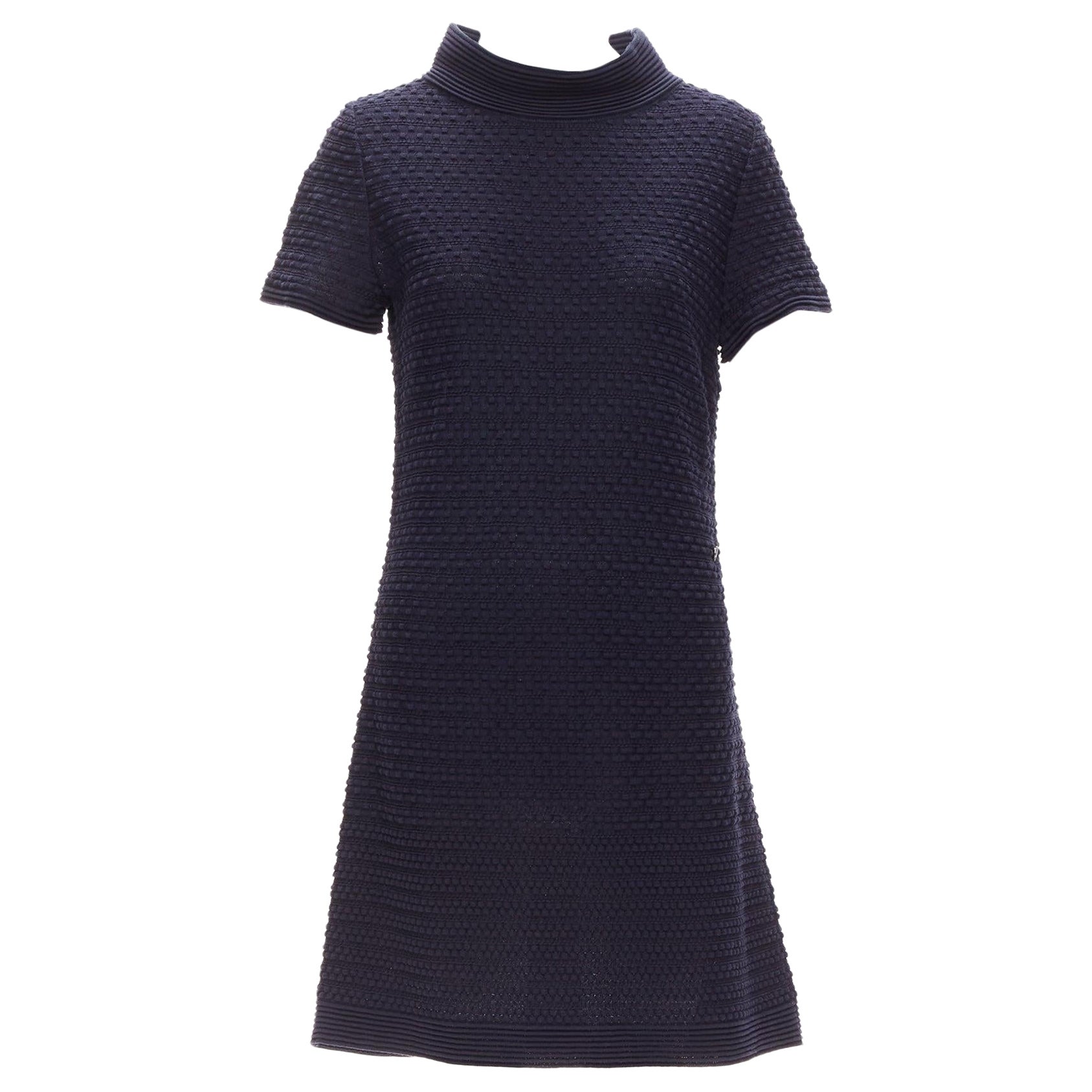 CHANEL navy CC logo button boat neck A-line knit mini dress FR38 M For Sale