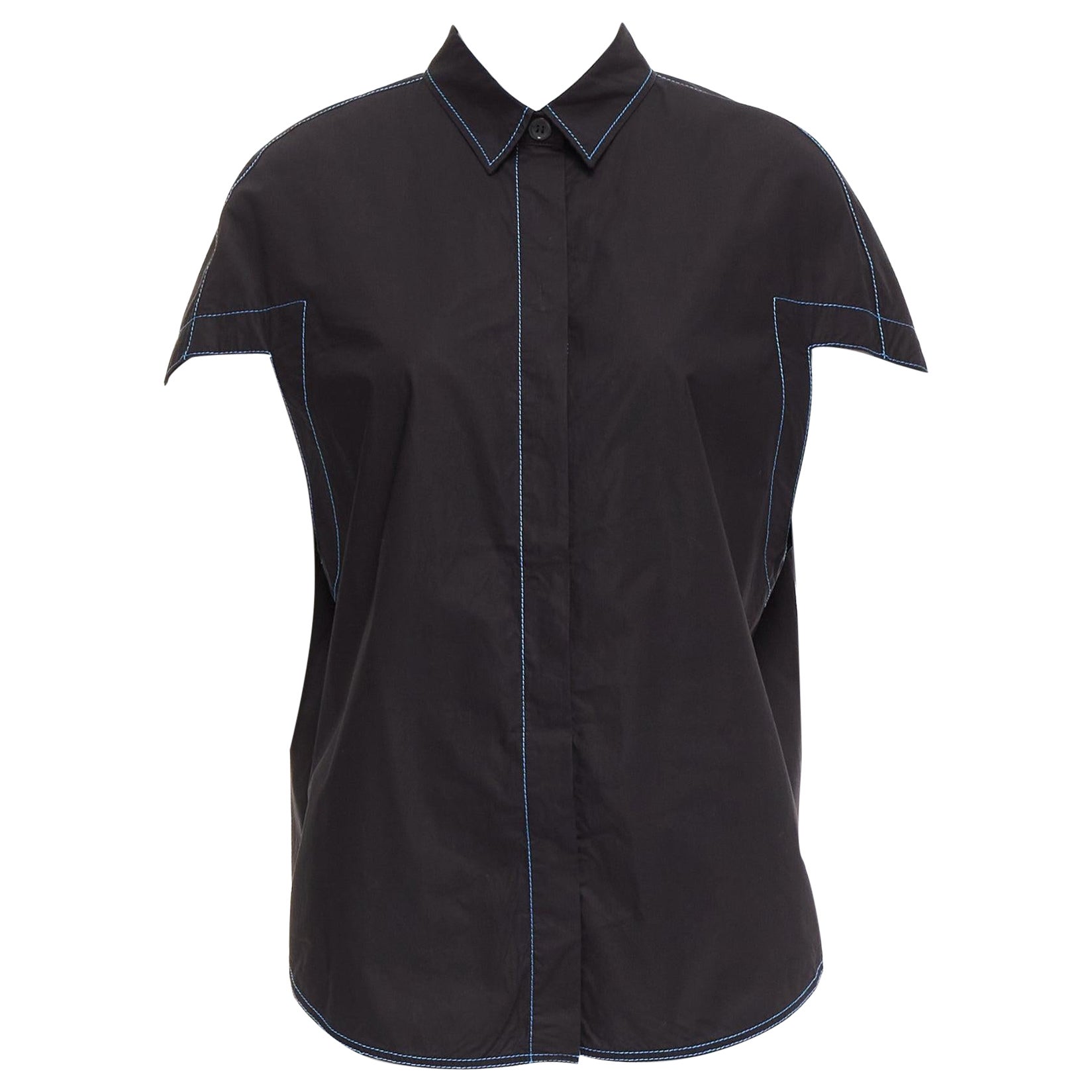 MARNI black blue topstitched round shoulder 3D cut boxy shirt IT40 S For Sale