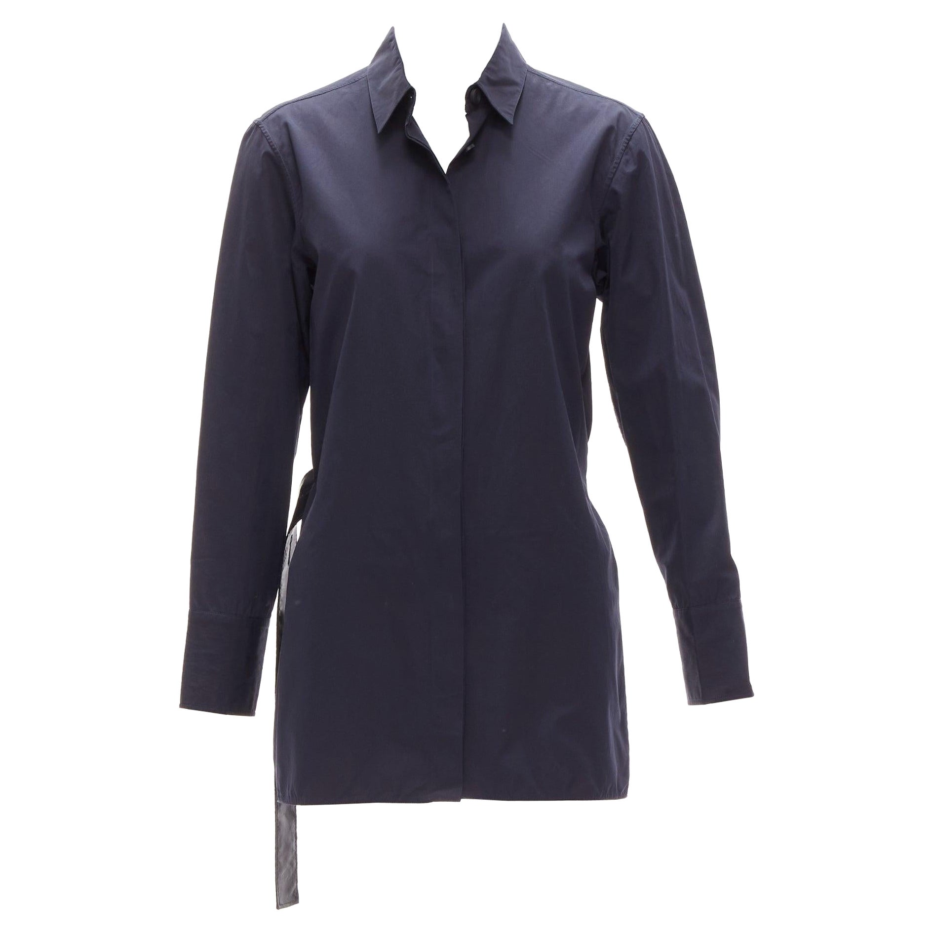 MARNI navy blue cotton rubber button asymmetric belted shirt IT38 XS For Sale