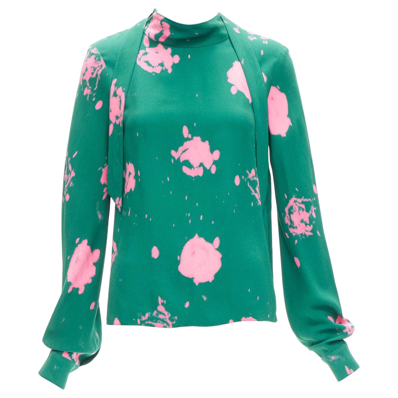 MARNI green pink splatter tie dye print tie neck long sleeve blouse IT38 XS For Sale