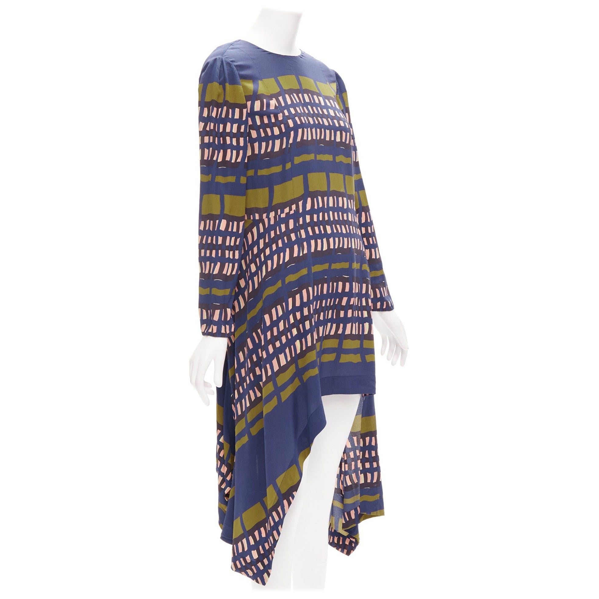 MARNI 100% silk navy khaki geometric print handkerchief high low dress IT38 XS For Sale