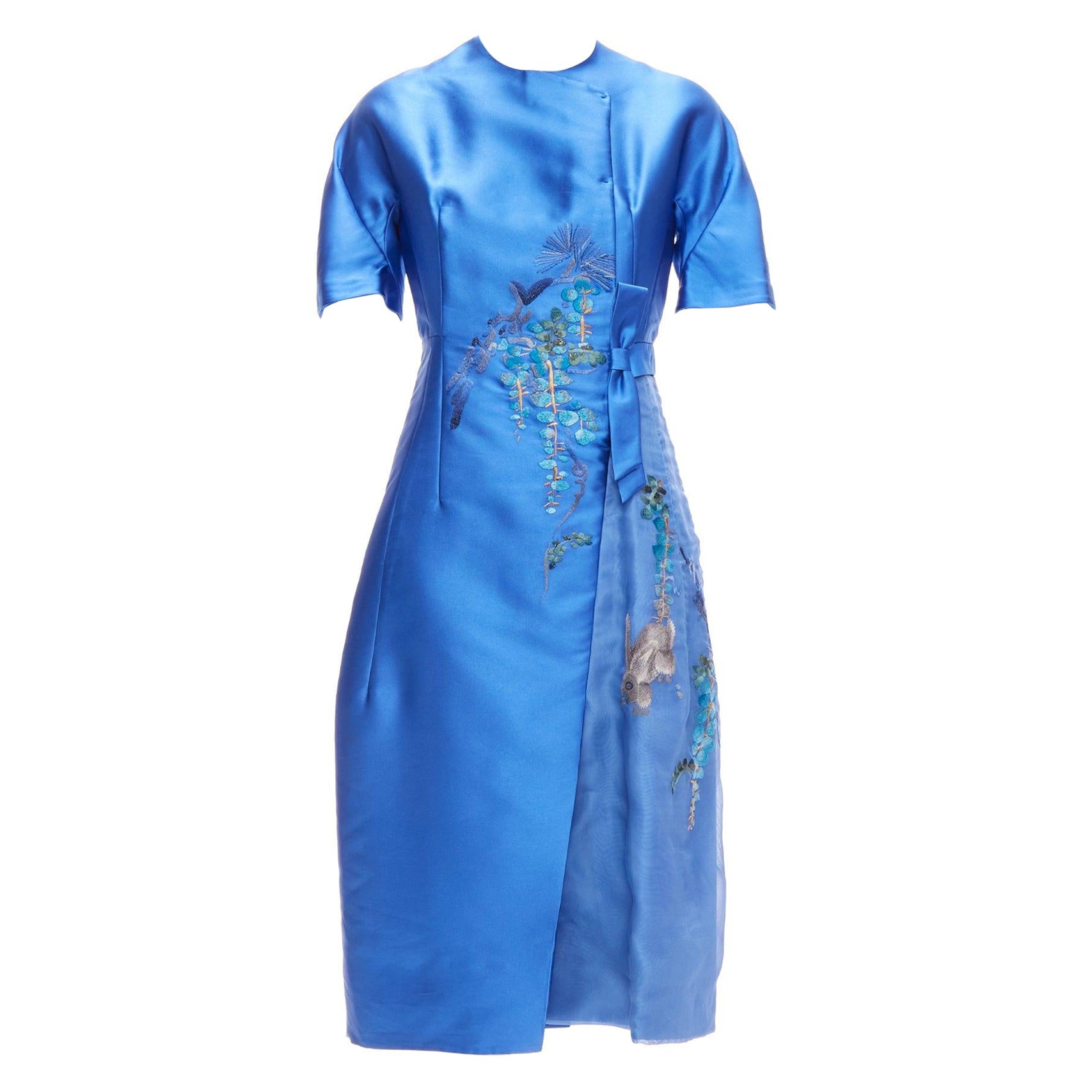 SHIATZY CHEN blue satin floral oriental embroidery bow dress IT40 S For Sale