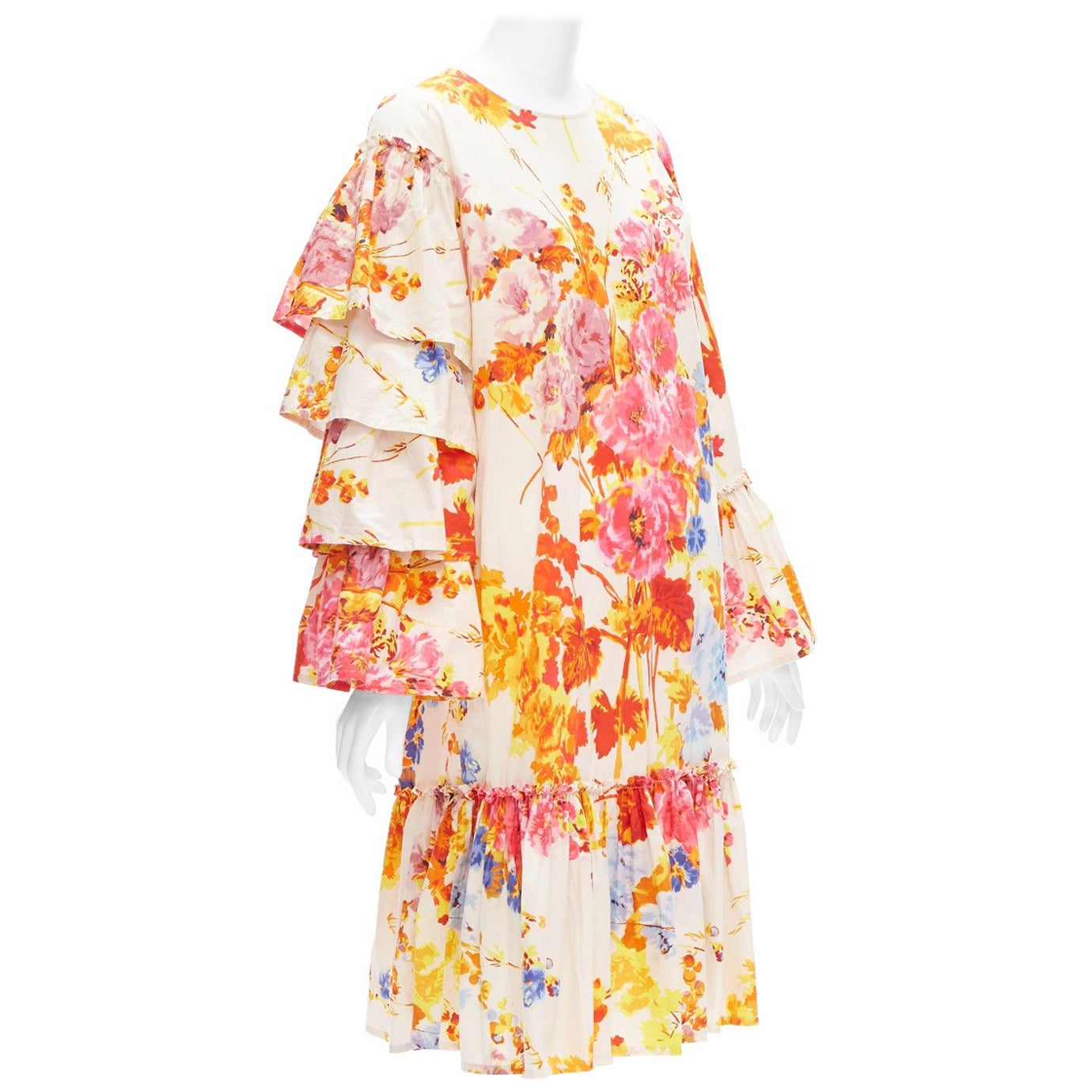 DRIES VAN NOTEN Runway cream floral tiered sleeve ruffle midi dress FR34 XS For Sale