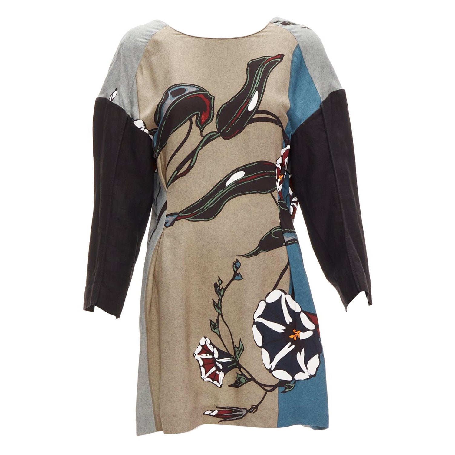 MARNI multicolour beige floral print back contrast dropped sleeve dress IT38 XS For Sale